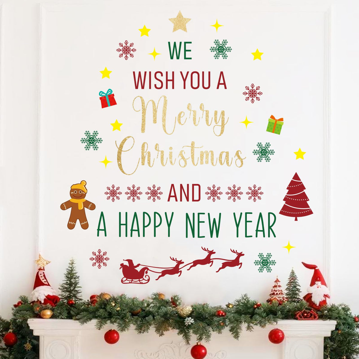 Rotumaty Christmas Wall Decals Stickers Decor Glitter Merry Christmas Tree Happy New Year Quote Decorations Holiday Seasonal Wall Art Decor for Home Office Classroom Party Ornaments