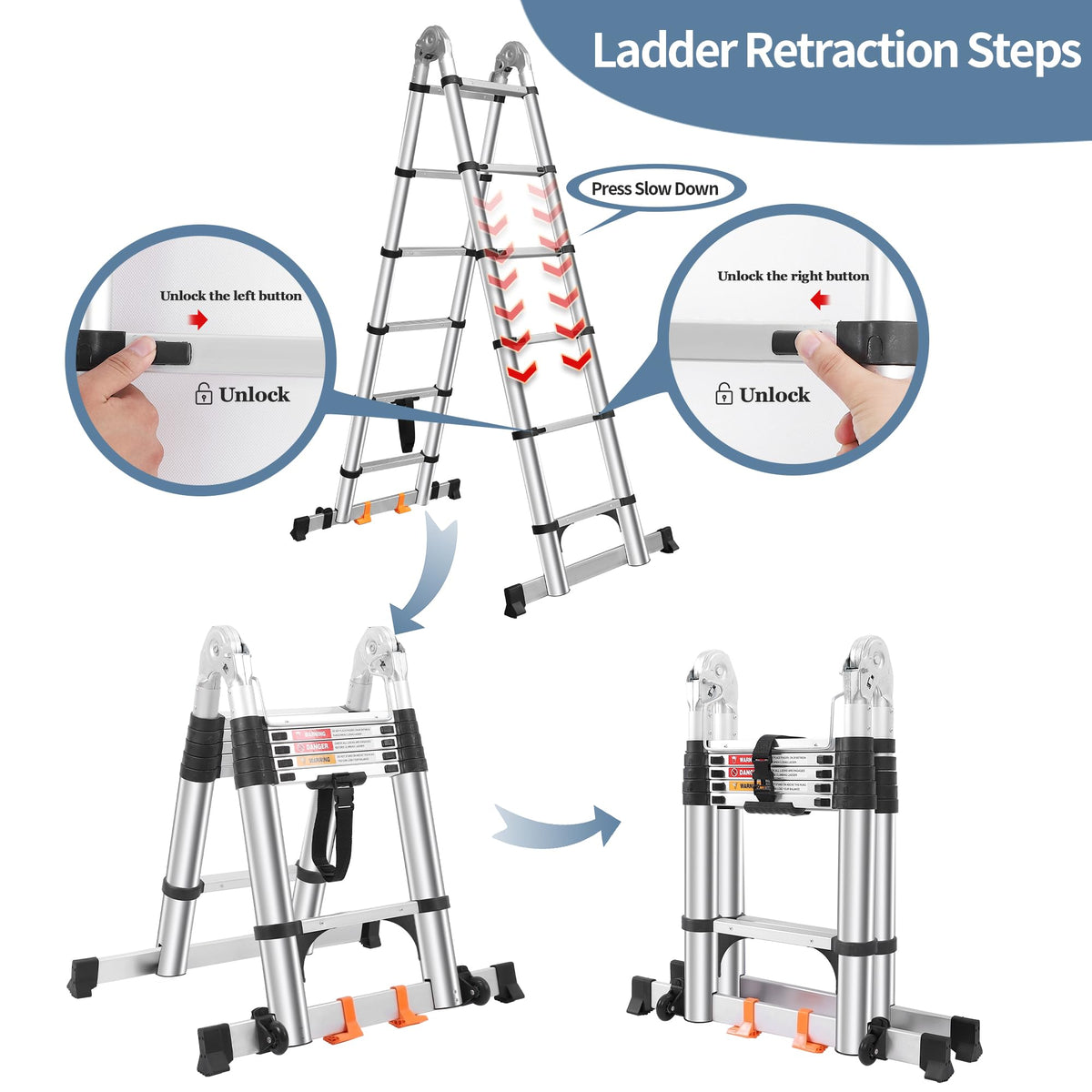 Telescoping Ladder A Frame 12.5 FT, Extension Ladder with Balance Bar & Stabilizers, Collapsible Foldable Ladder for Indoor & Outdoor & Rvs, Multi-Position Compact Ladder for Home, 330lbs Capacity