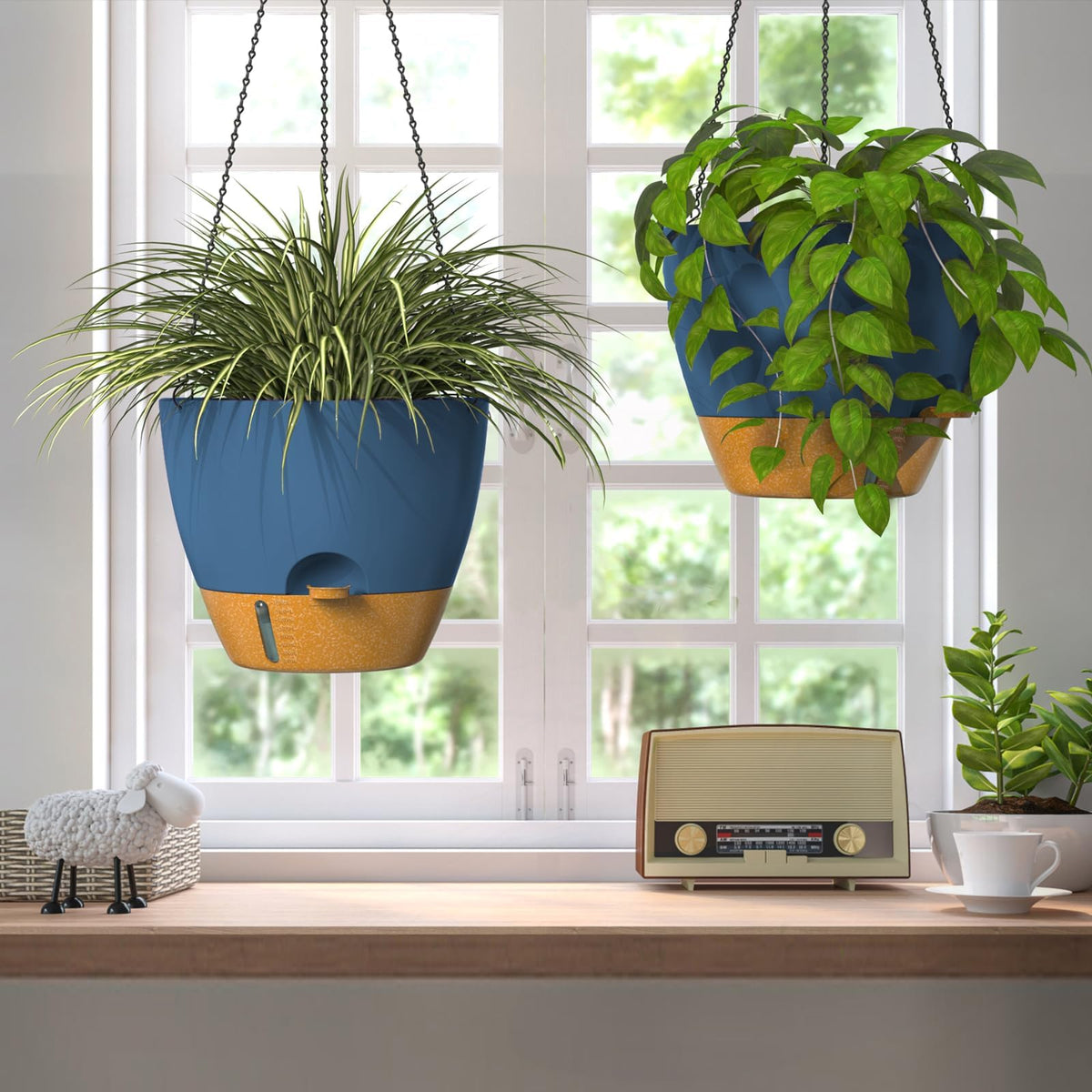 ZMTECH 12 Inch Large Self Watering Hanging Planters for Indoor Outdoor Plants - Water Level Indicator & Removable 60 Oz Reservoir, 1 Pack Plastic Hanging Basket for Window Porch Garden Balcony, Blue