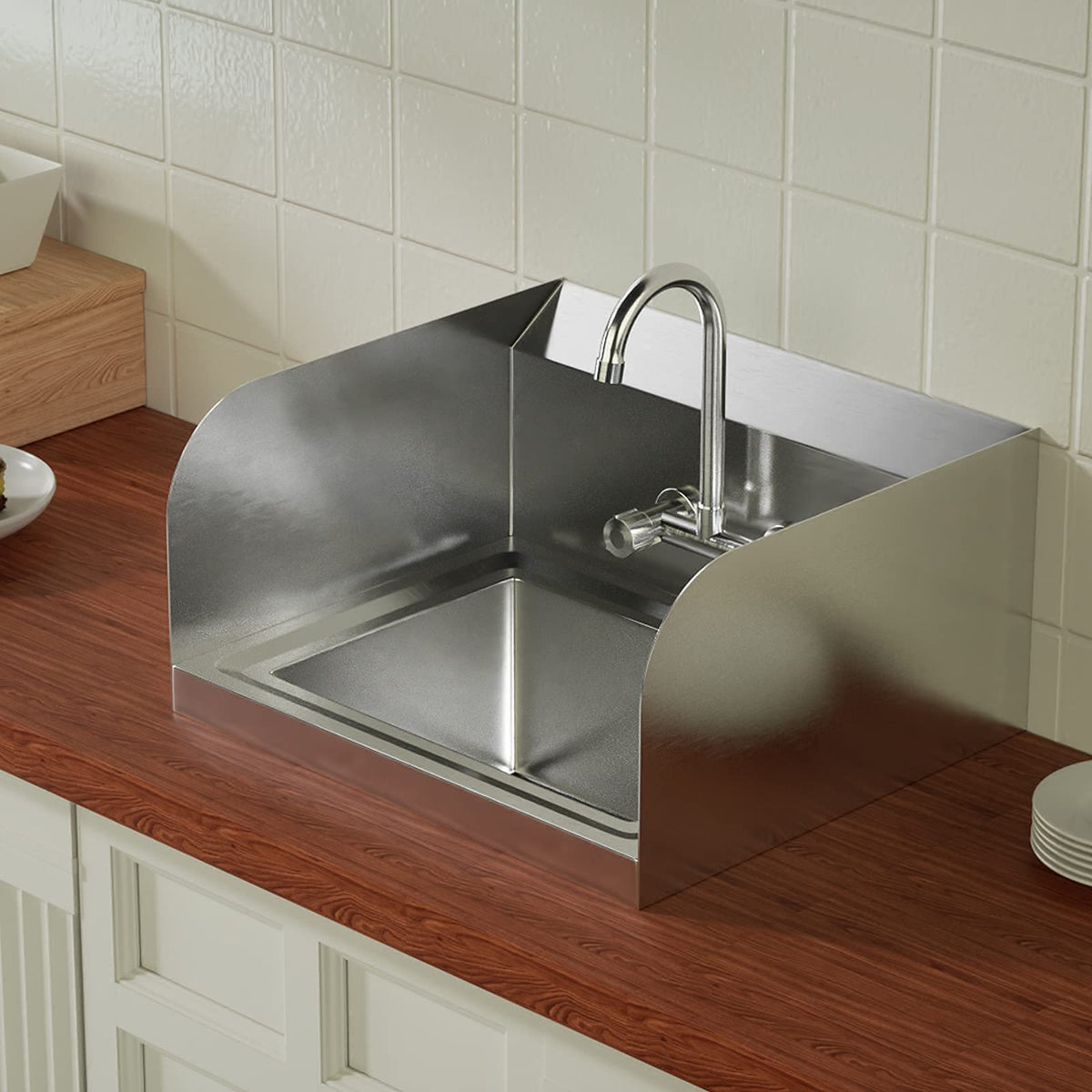 Bonnlo Upgraded Commercial Hand Wash Stainless Steel Prep/Bar Sink with Side Splash Guard - Wall Mount Utility Sink Hand Washing Basin with Faucet for Commercial Restaurant RV Kitchen
