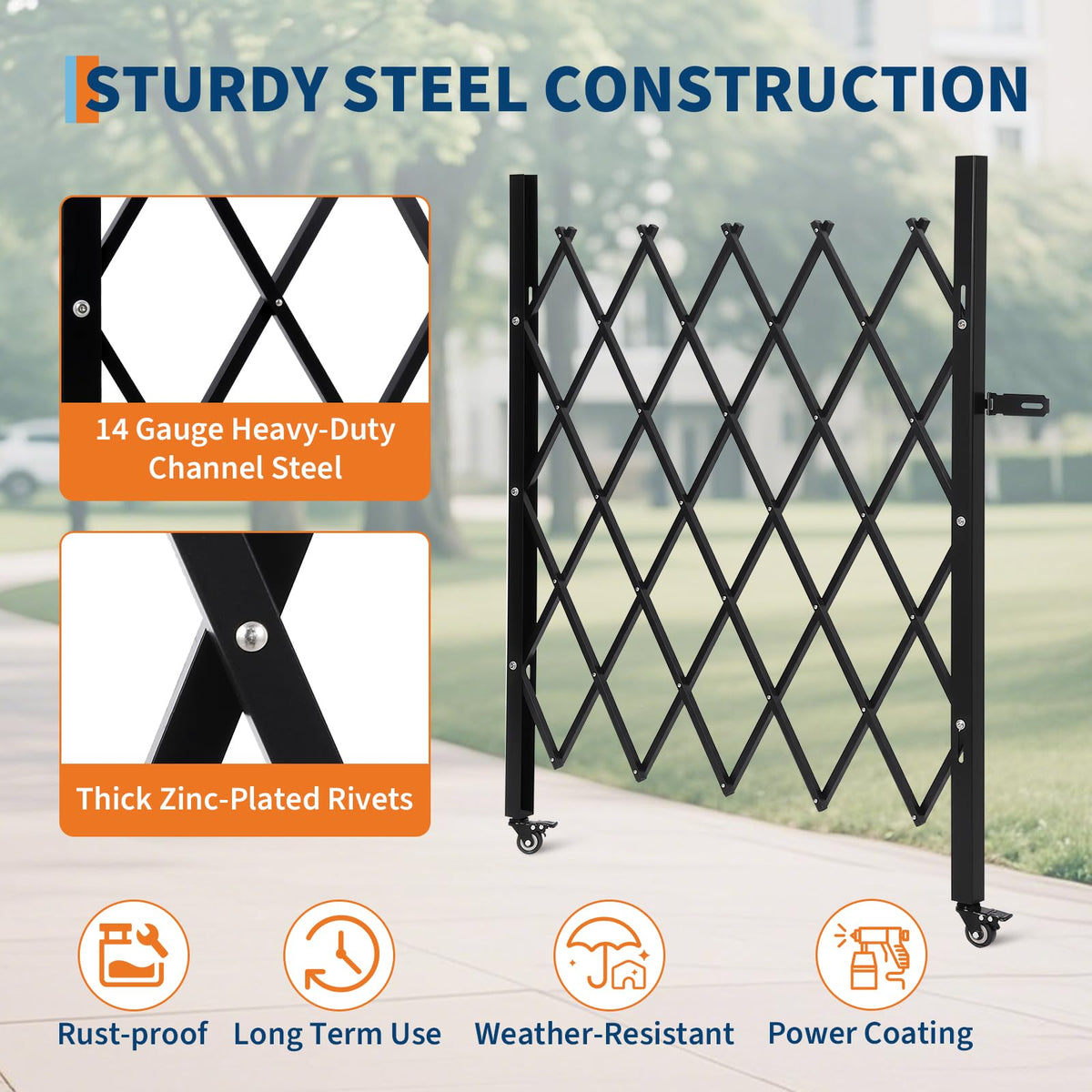 Single Expandable Gate, 87" H x 84" W Folding Security Gate, Folding Door Gate, Steel Accordion Security Gate, Flexible Garage door gate, 360° Rolling Barricade Gate, Scissor Gate or Door with Padlock