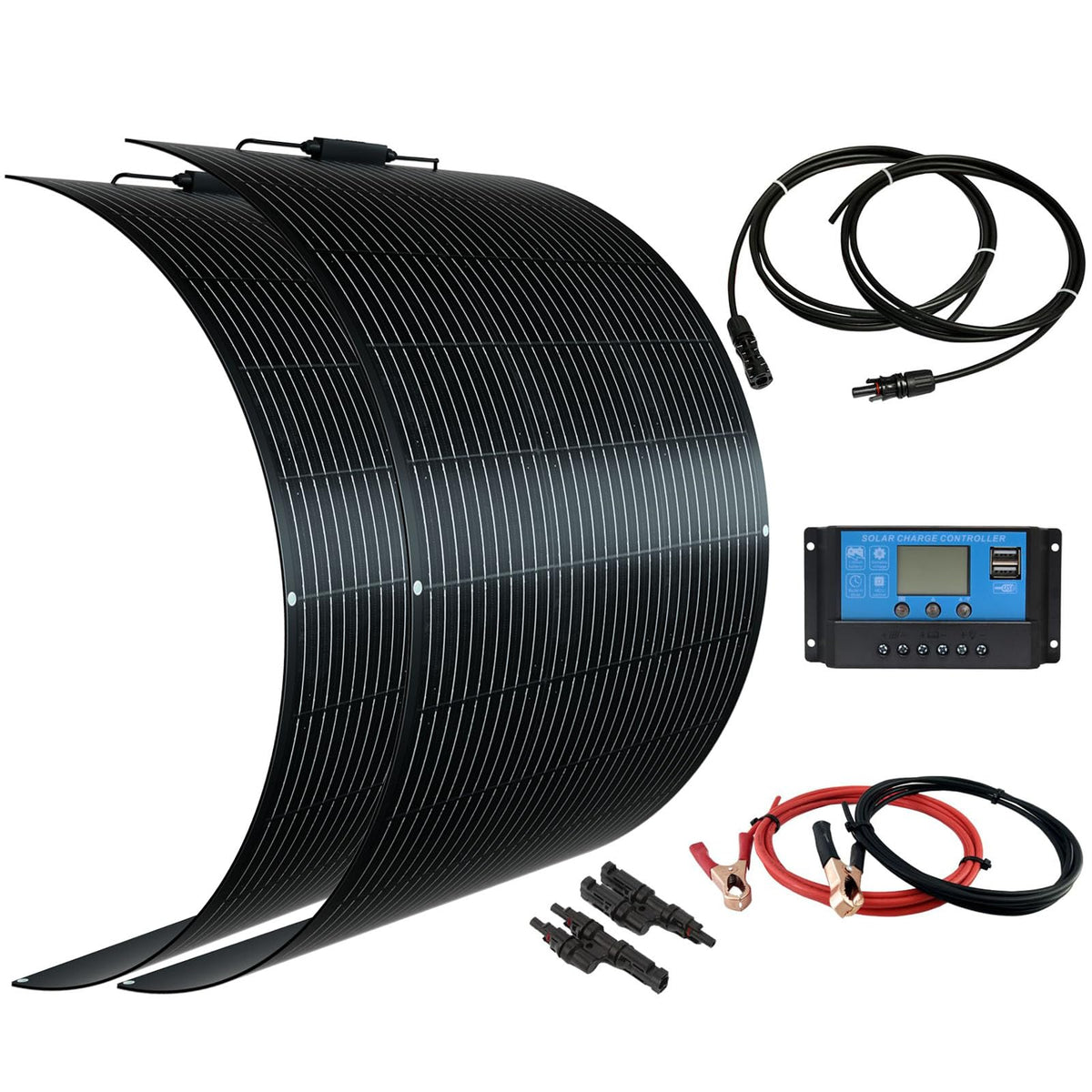 Flexible Solar Panel kit 200W 12V,2PCS 100W Monocrystalline Module,20A Charge Controller,Extension Cable Off-Grid Charger for RV Boat Van Car Curve Surfaces (Black)