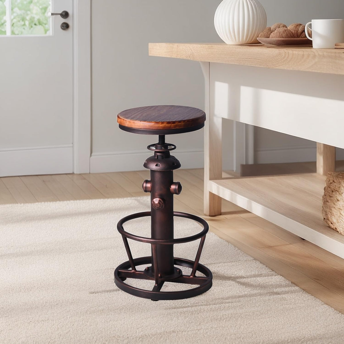 BOKKOLIK Vintage Swivel Bar Stool Industrial Coffee Kitchen Dining Chair Fire Hydrant Design Height Adjustable 24.8-30.7inch Solid Wooden Seat