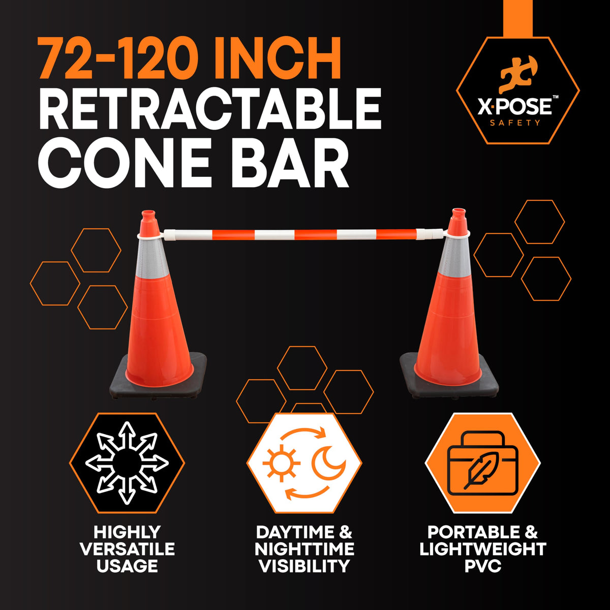 Xpose Safety Reflective Retractable Barrier for Traffic Cones – 6 Pack, Orange/White, Expandable 72″–120″ for Construction, Parking & Crowd Control