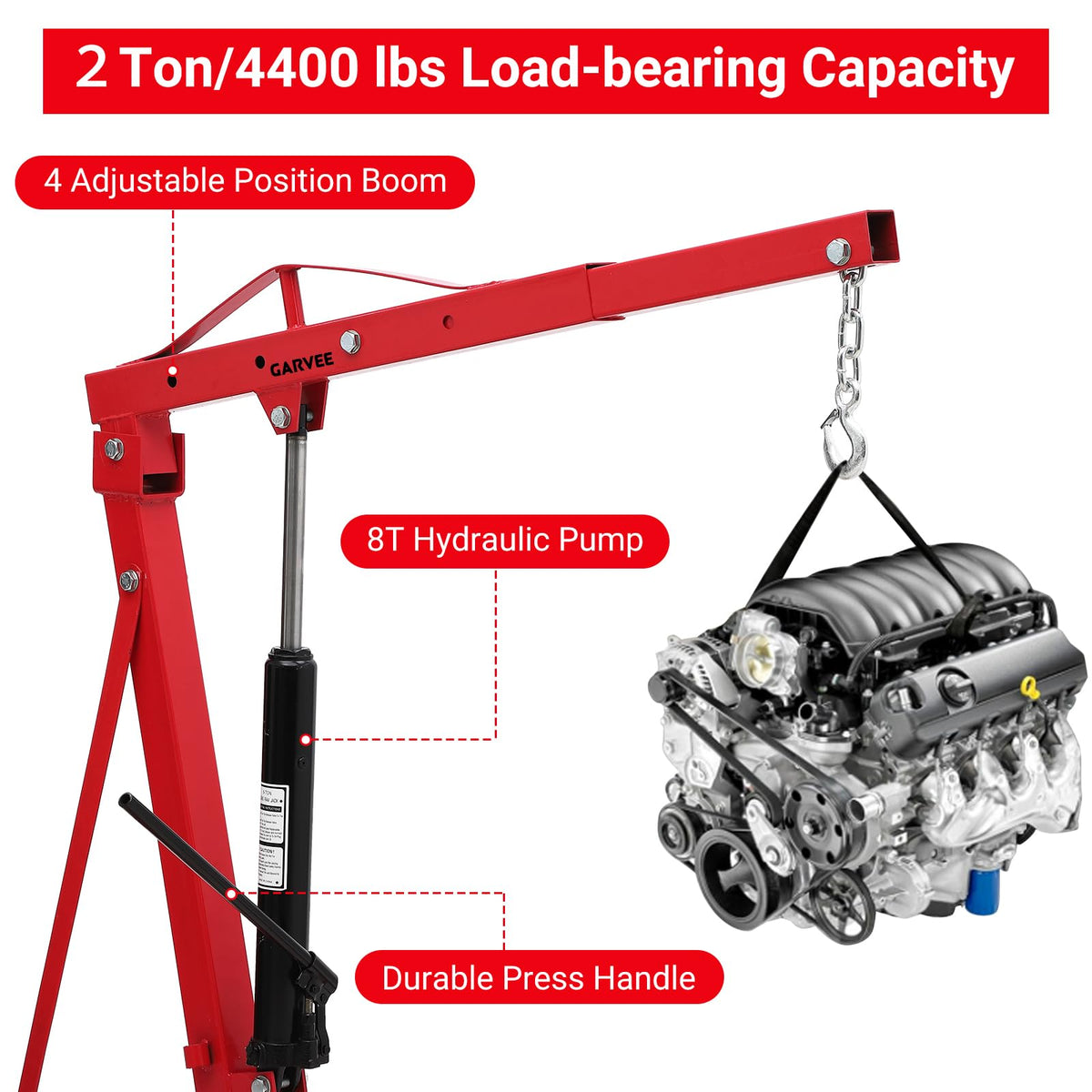 Garvee 2 Ton Engine Hoist, Folding Cherry Picker Hydraulic, 4400Lbs Heavy Duty with Lever & 6 Casters for Workshops Garage Warehouse