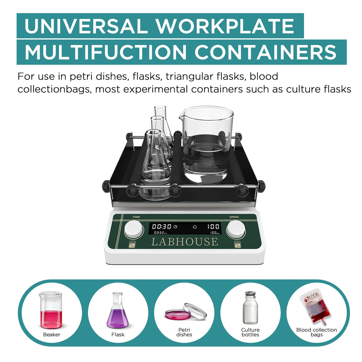 LABHOUSE Lab Digital Orbital Shaker Mixer | 9.85"x9.85" Plate Size Adjustable Speed 40-200RPM Capacity 2KGS | Timed and Continuous Modes Rotator Shaker for Laboratory