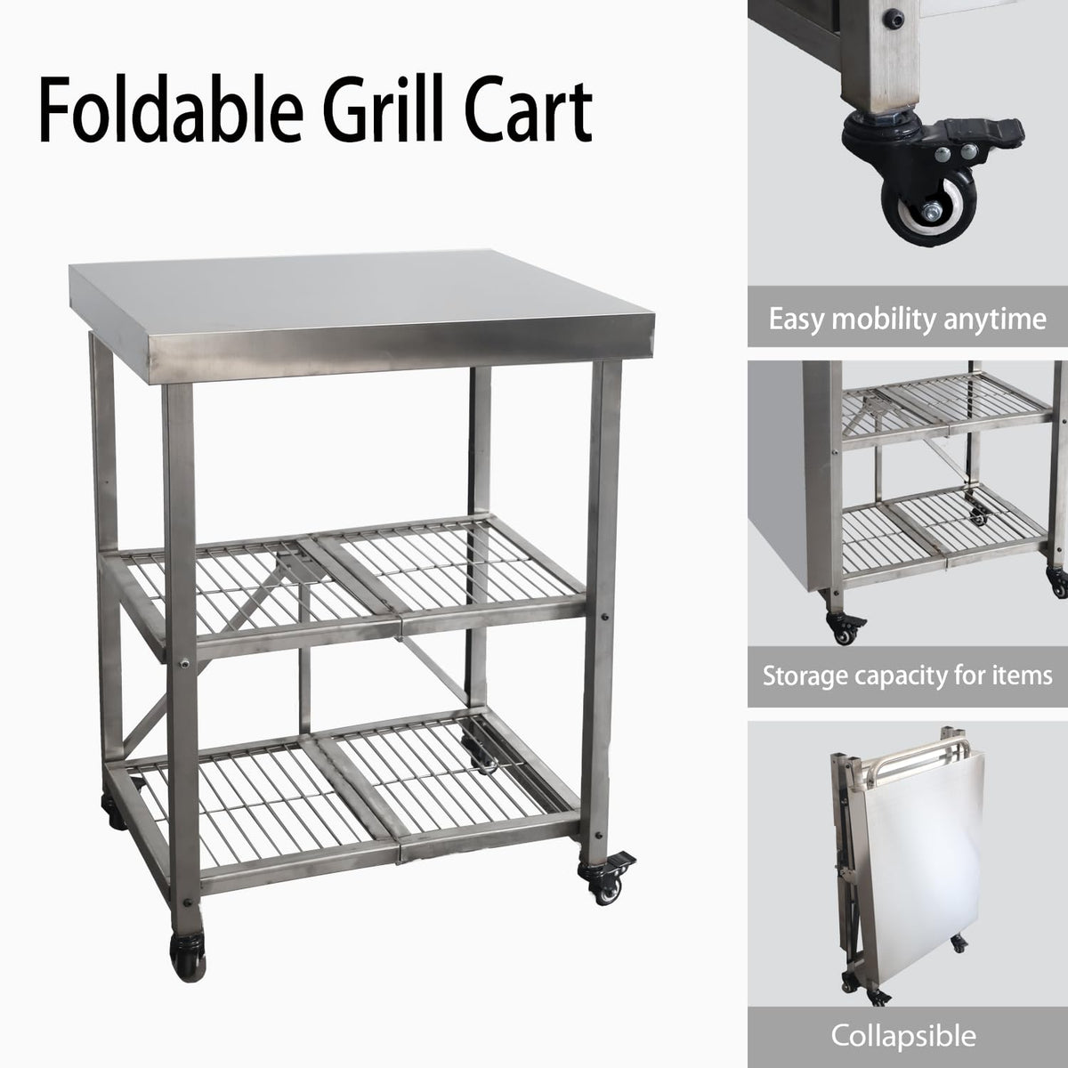 Metrixpio Stainless Steel Kitchen Cart, Foldable Origami Design,Slim Rolling Cart with Storage, Portable Microwave & BBQ, Kitchen Island on Wheels