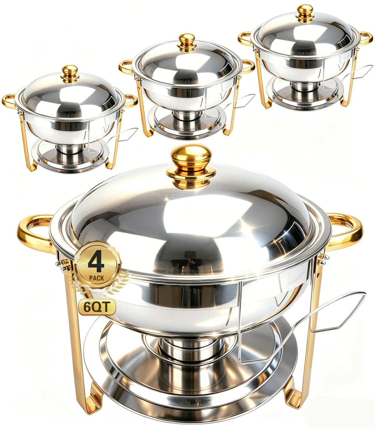 Chafing Dishes for Buffet 4 Pack, 6QT Round Chafing Dish Buffet Set Stainless Steel Buffet Food Warmers Set for Catering Events Party Dinner with Complete Set, Gold and Silver Chafing Dishes for Party
