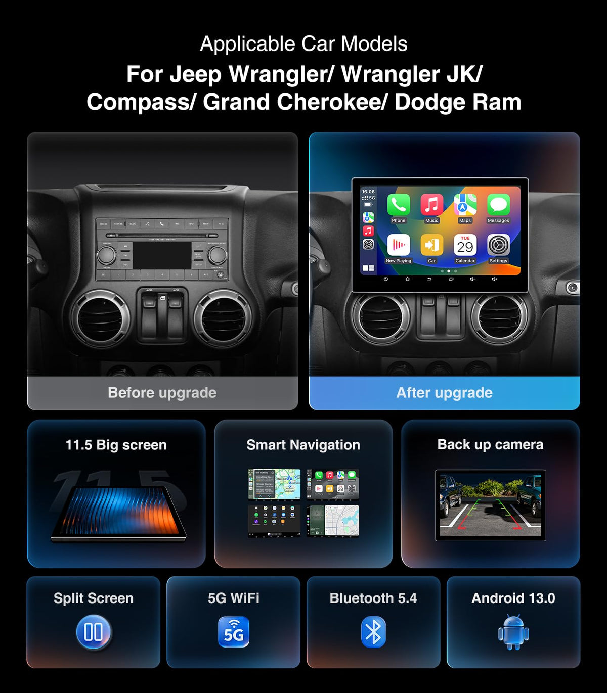 11.5 Inch 64G Car Radio Stereo Upgrade for Jeep Wrangler JK Compass Grand Cherokee Dodge Ram 2009-2012 with Wireless CarPlay/Android Auto/Android 13/Touch Screen/GPS Navigation/HD Backup Camera