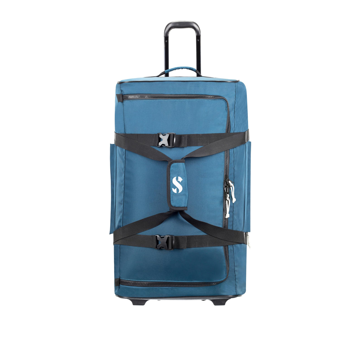 SCUBAPRO Sport 105 Wheeled Dive Bag with Telescopic Double-Bar Tow Handle, Carry Handles and Double Duffel Straps for Scuba Diving Gear, Denim Blue Color Fabric
