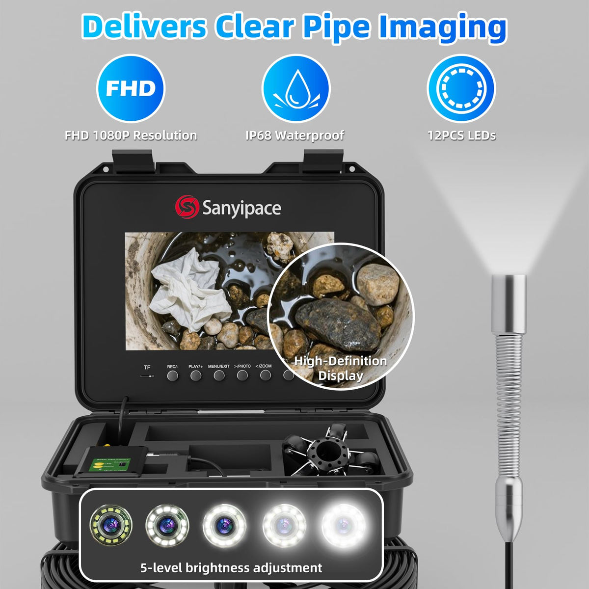 Sanyipace Sewer Camera 230FT/70M with Locator, Self-Leveling Drain Camera with 10.1" Screen, Pipe Inspection Camera 512Hz, DVR with Speaker, Distance Counter, 1080P Plumbing Camera with 12PCS Lights
