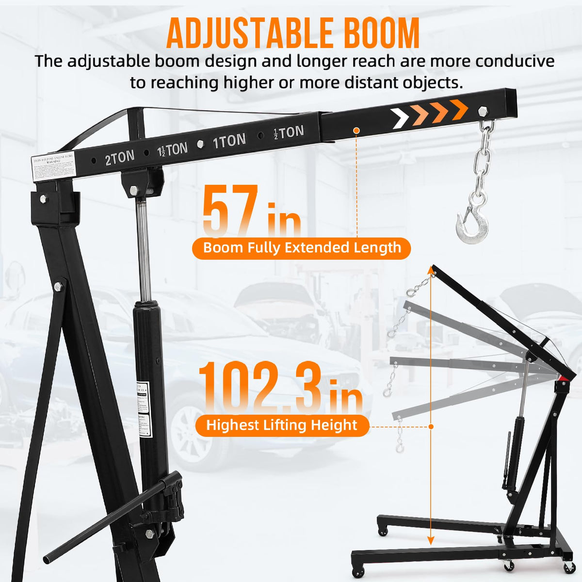 Garvee 2 Ton Engine Hoist, Hydraulic Cherry Picker Engine Crane, Heavy Duty Folding Shop Crane with 6 Casters, Engine Lift for Garage, Workshop, Black