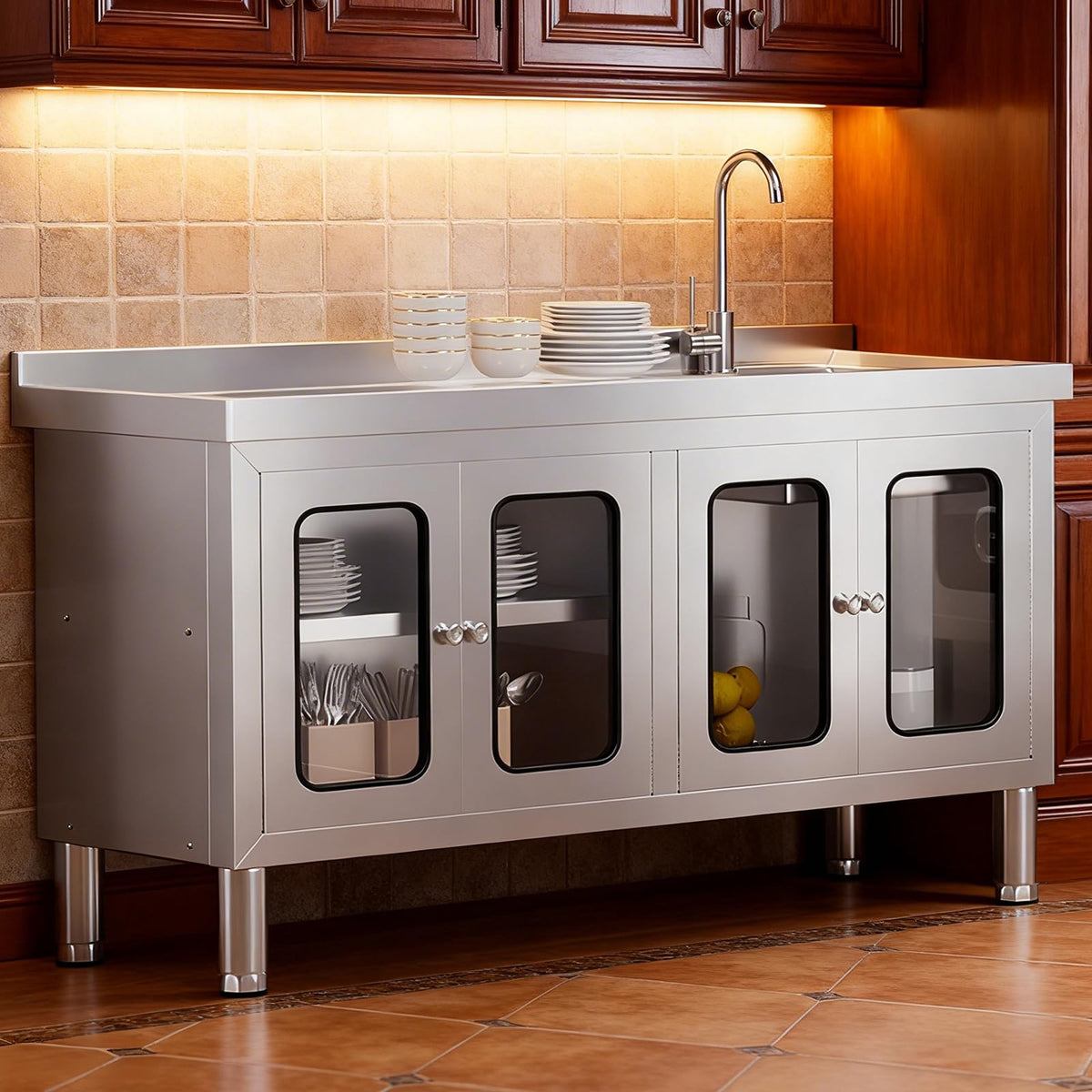 59" Stainless Steel Sink with Cabinet, Utility Sink with 304 Stainless Steel Worktop and 4 Transparent Doors, Commercial Kitchen Sink for Outdoor Restaurant Cafe Garage and Laundry Room