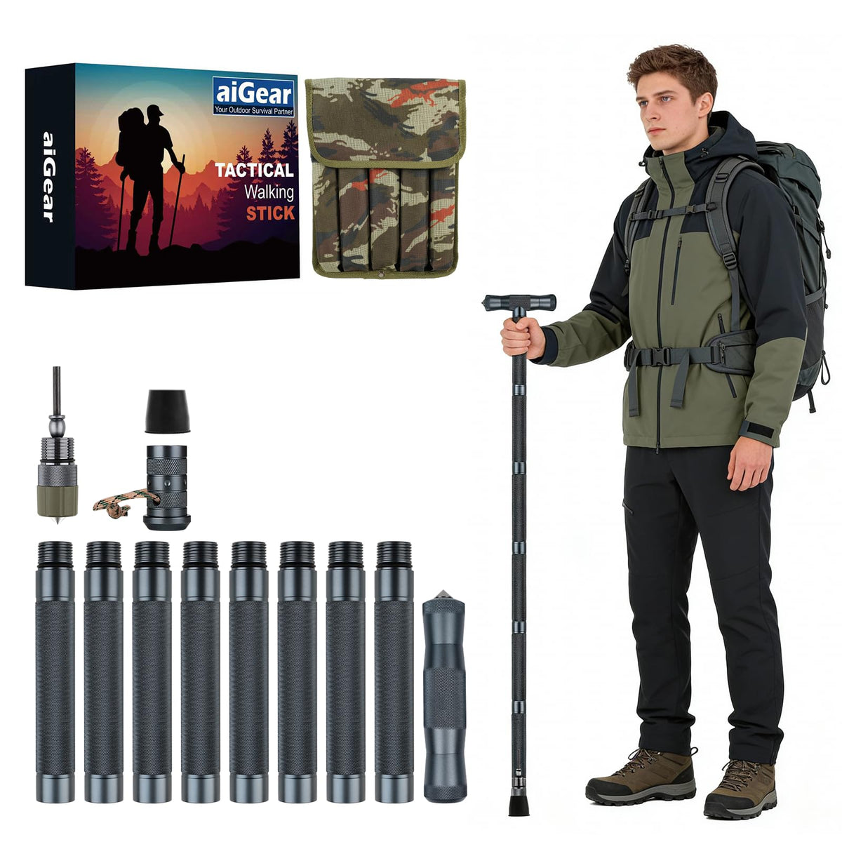aiGear H3 Survival Walking Stick – Upgraded Hiking Staff with Straight & T-Style Grips, Multitool with Fire Starter, Compass, Whistle – Adjustable Trekking Pole for Camping & Self Defense