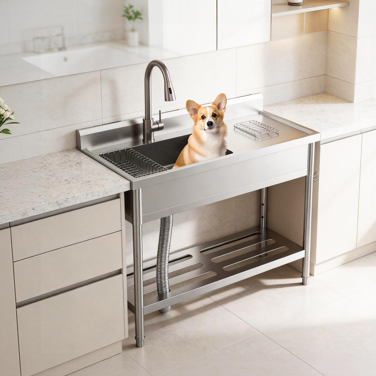 Commercial Stainless Steel Utility Sink with Drainboard, Freestanding Single Bowl Prep Sink with Work Table & Pull-Out Faucet, for Restaurant Kitchen, Garage, Outdoor