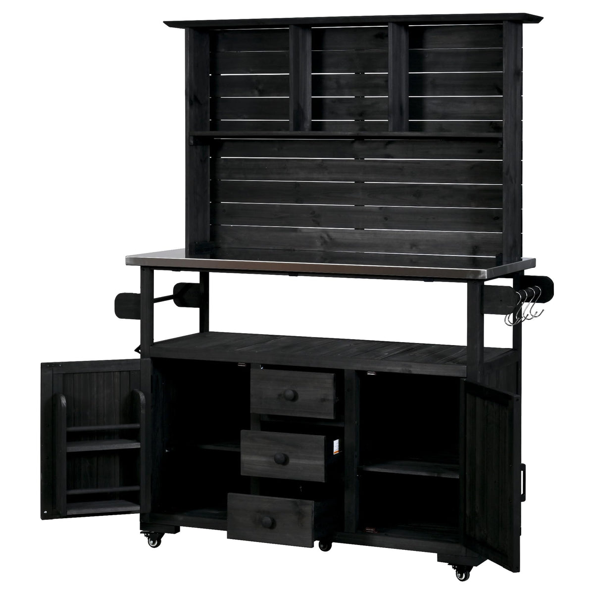 GDFStudio Preden Outdoor Storage Bench Table with Cabinet, Patio Wooden Potting Bench, Garden Storage Work Bench with Stainless Steel Top, Drawers, Cabinets, Shelves and Hooks, Kitchen Island, Black