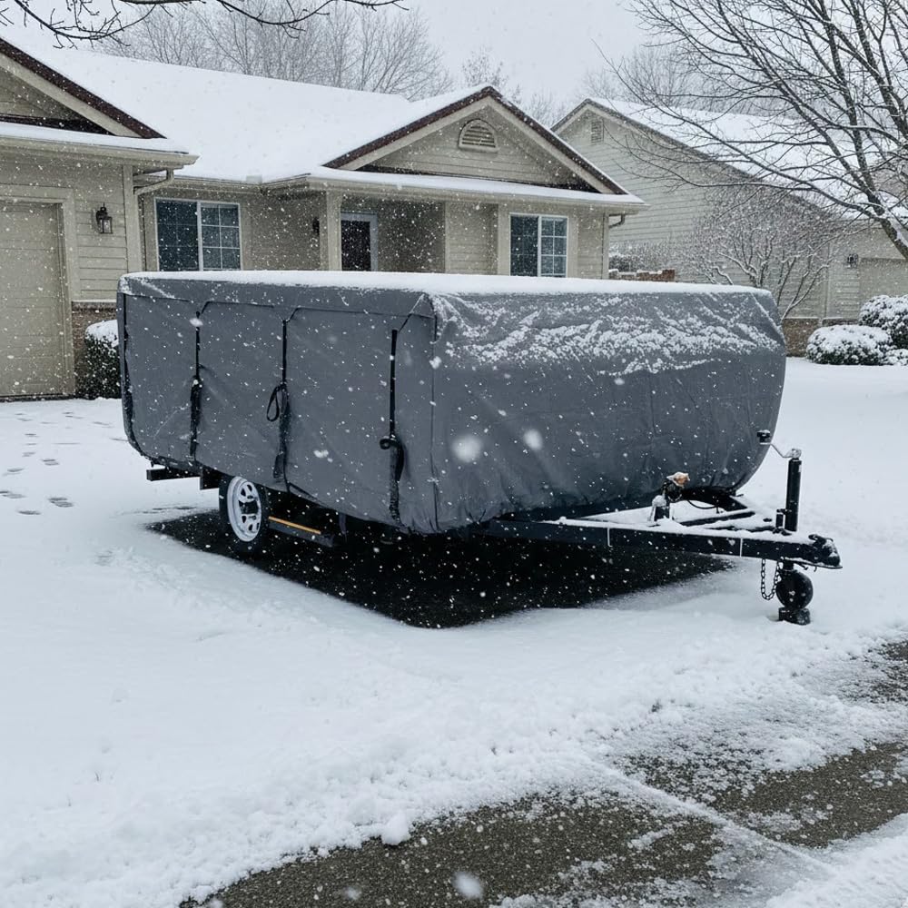 GEARFLAG Pop-up Folding Camper Cover Reinforced Windproof Side-Straps Fits 12'-14', Anti-UV Water-Resistance Heavy Duty Triple Layers for Trailer RV (Fits 12' - 14')