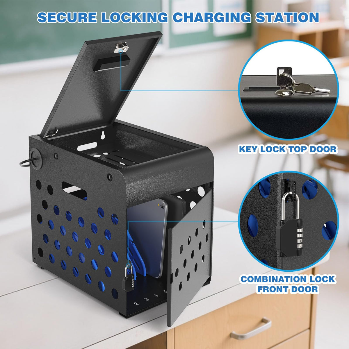 POCHAR 8-Device Chromebook Charging Cabinet for Classroom - Laptop Lock Box for iPad Tablet Fits 14" Screen - Portable Locking Charging Station for Schools, Offices, Hospitals (Black)