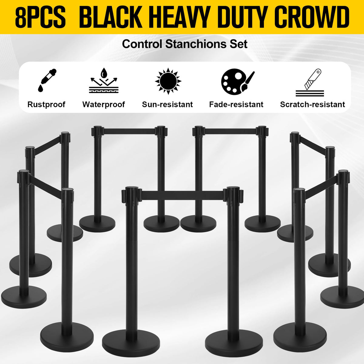Therwen 8 Pcs Stanchions with 8.2 ft Retractable Belt Black Crowd Control Stanchions Set and Stanchion Post Sign Easy to Assemble Line Dividers Queue Ropes for Theaters, Weddings, Exhibitions