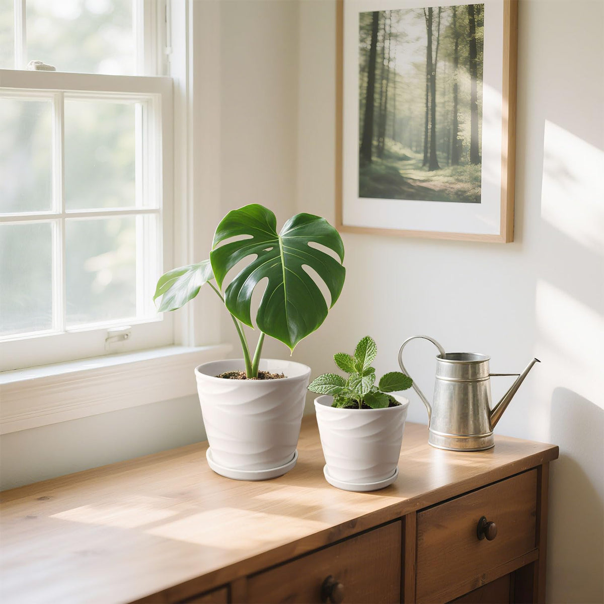 YUFDA 6.7 + 5.5 Inch Plant Pot, Ceramic Planter with Drainage and Saucer,Ceramic Pots for Plants, Indoor Plant pots,Succulent Orchid Flower Pot(Pure White)
