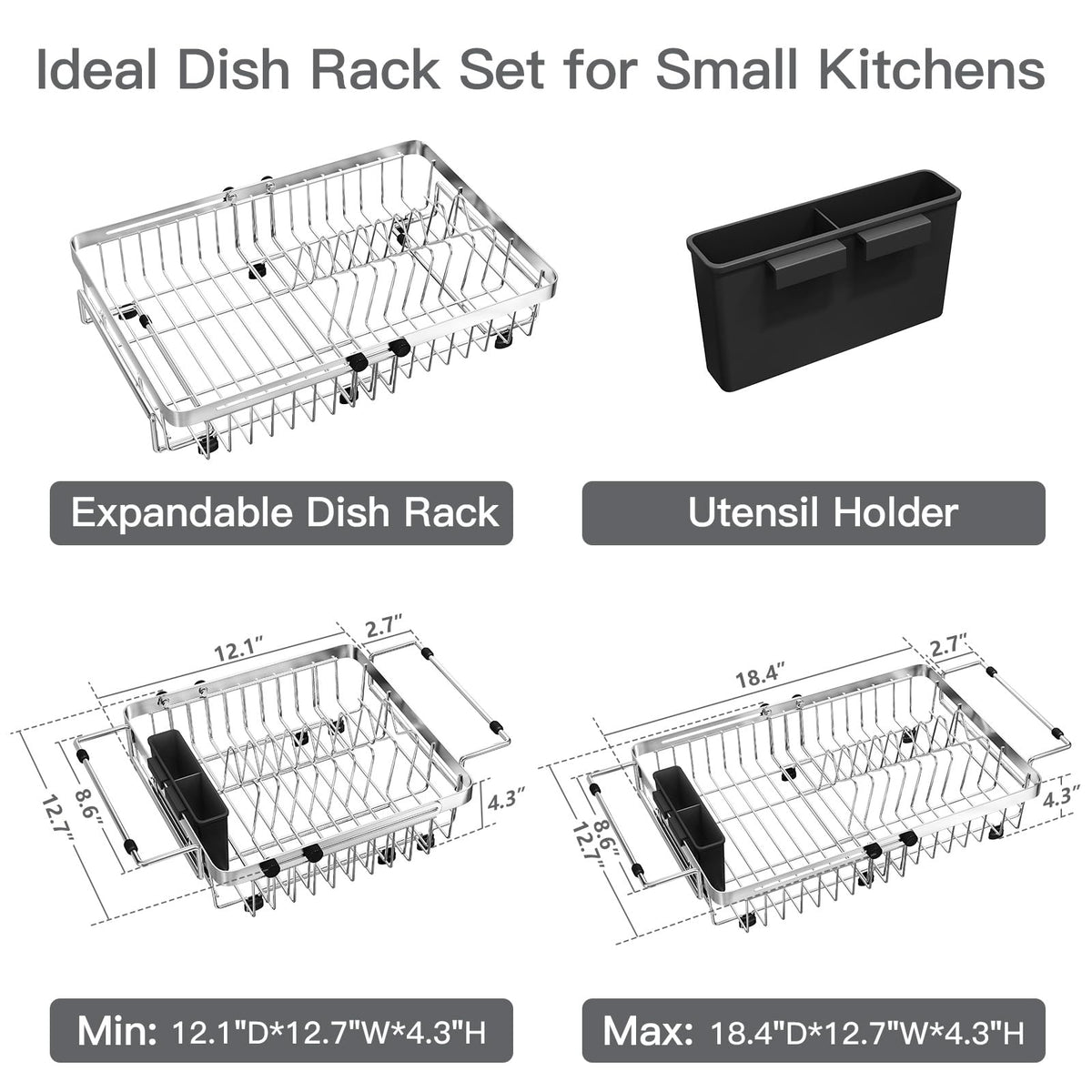 MAJALiS Dish Drying Rack Over The Sink, Expandable Stainless Steel Dish Drainer for Small Kitchen Counter Space Saving, RV Compact Plate Strainer In Silver Metal with Hanging Adjustable Utensil Holder