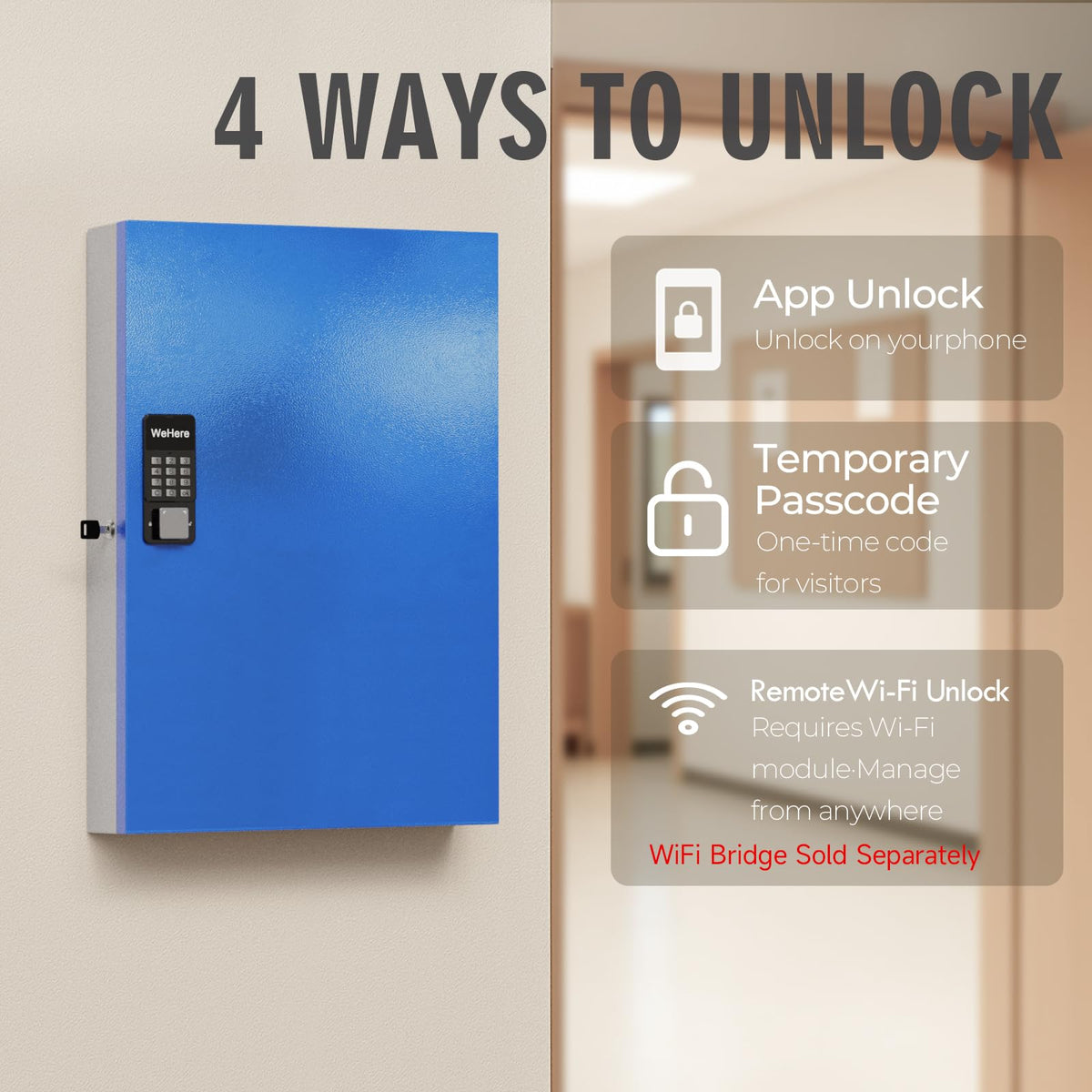 WeHere 192-Key Smart Key Lock Box, Wall-Mount Key Cabinet with Key Management App(Track Key Borrow/Return), Keypad, Bluetooth & WiFi Unlock (Sold Separately) for Commercial, School, Rental, Office