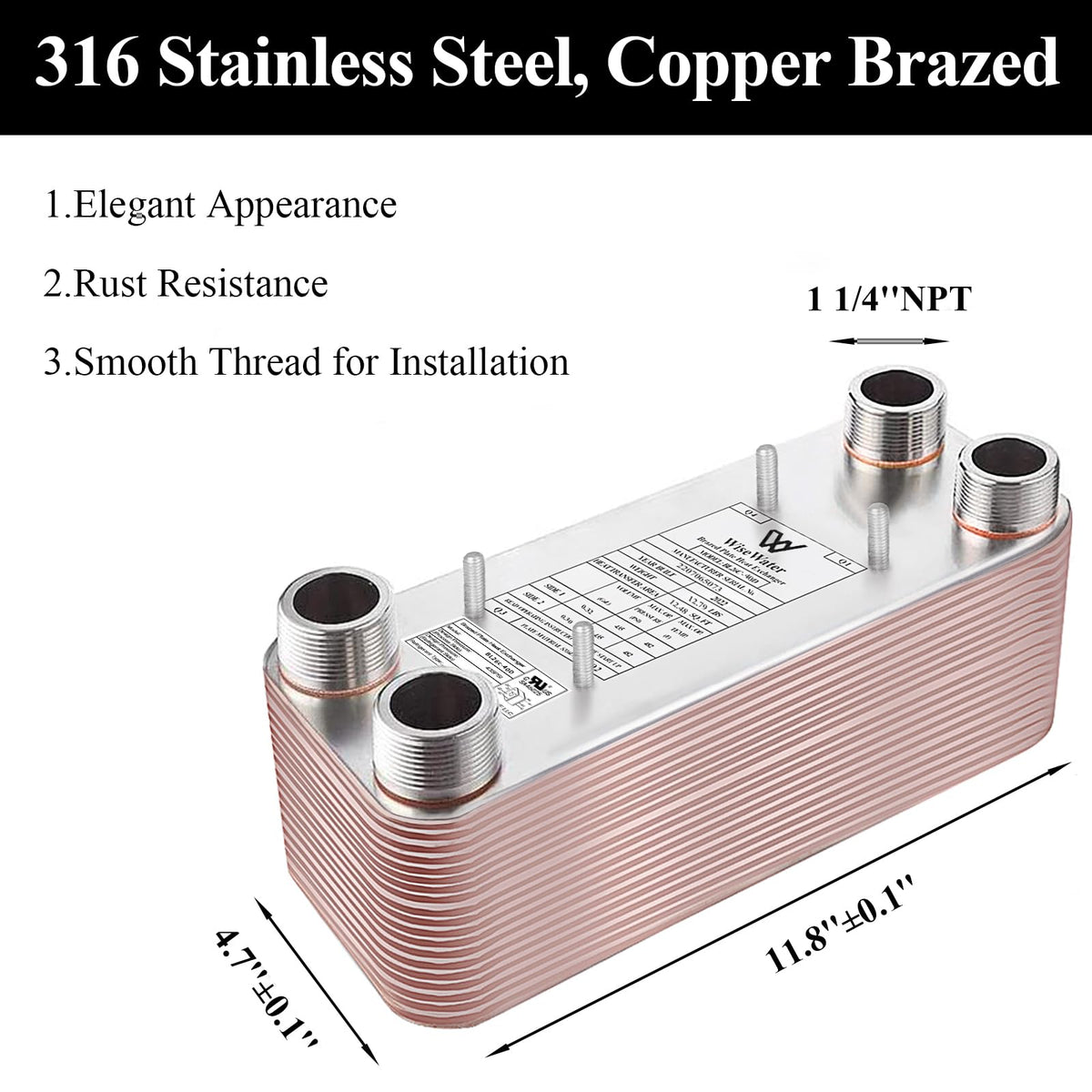 Brazed Plate Heat Exchanger Stainless Steel SS316L 5"x12" 20 Plates 1 1/4" MPT 330,000 BTU/hr Hydronic Heating