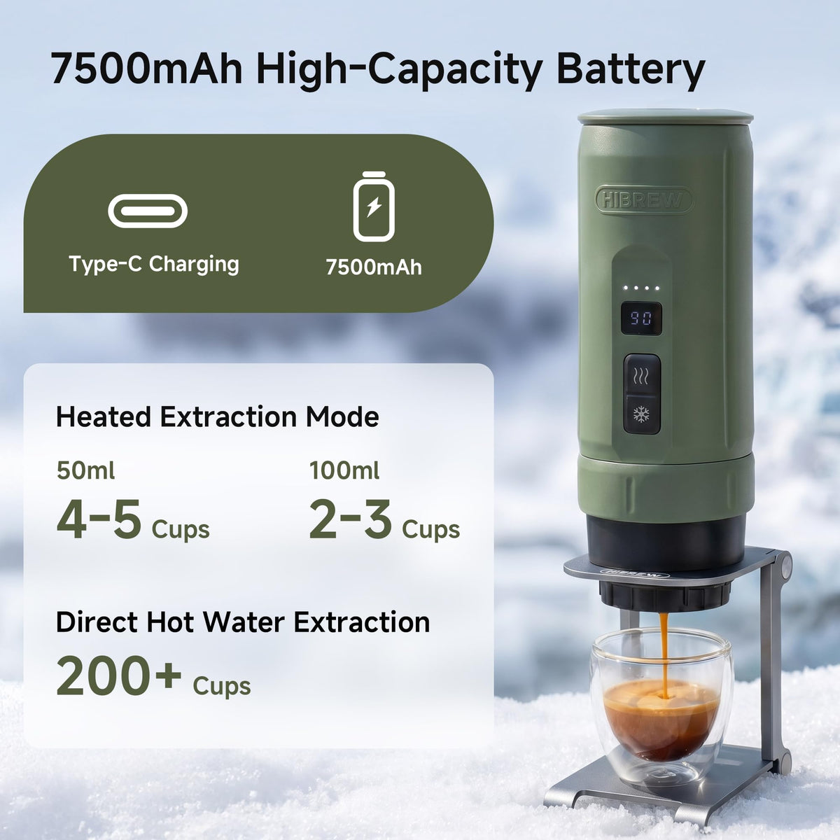 HIBREW H4C Explorer - Portable Electric Espresso Machine, USB-C Rechargeable Coffee Machine for Camping and Travel, Compact for Capsules & Ground Coffee, with Foldable Holder & Carrying Case (Green)