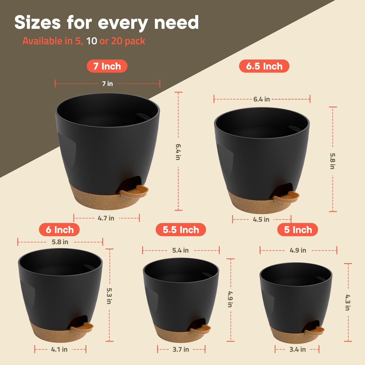 Black Self Watering Pots 10 Pack, Indoor and Outdoor Plant Pots with Wick Rope & Drainage Holes, Easy Watering Lip, Lightweight Plastic Self Watering Planter for Succulents, Houseplants, and Herbs