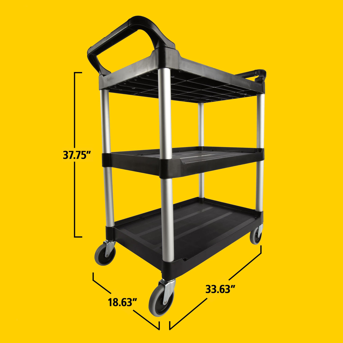 Rubbermaid Commercial Products Heavy Duty 3-Shelf Rolling Service/Utility/Push Cart, 200 lbs. Capacity, Black, for Foodservice/Restaurant/Cleaning/Warehouse/Garage