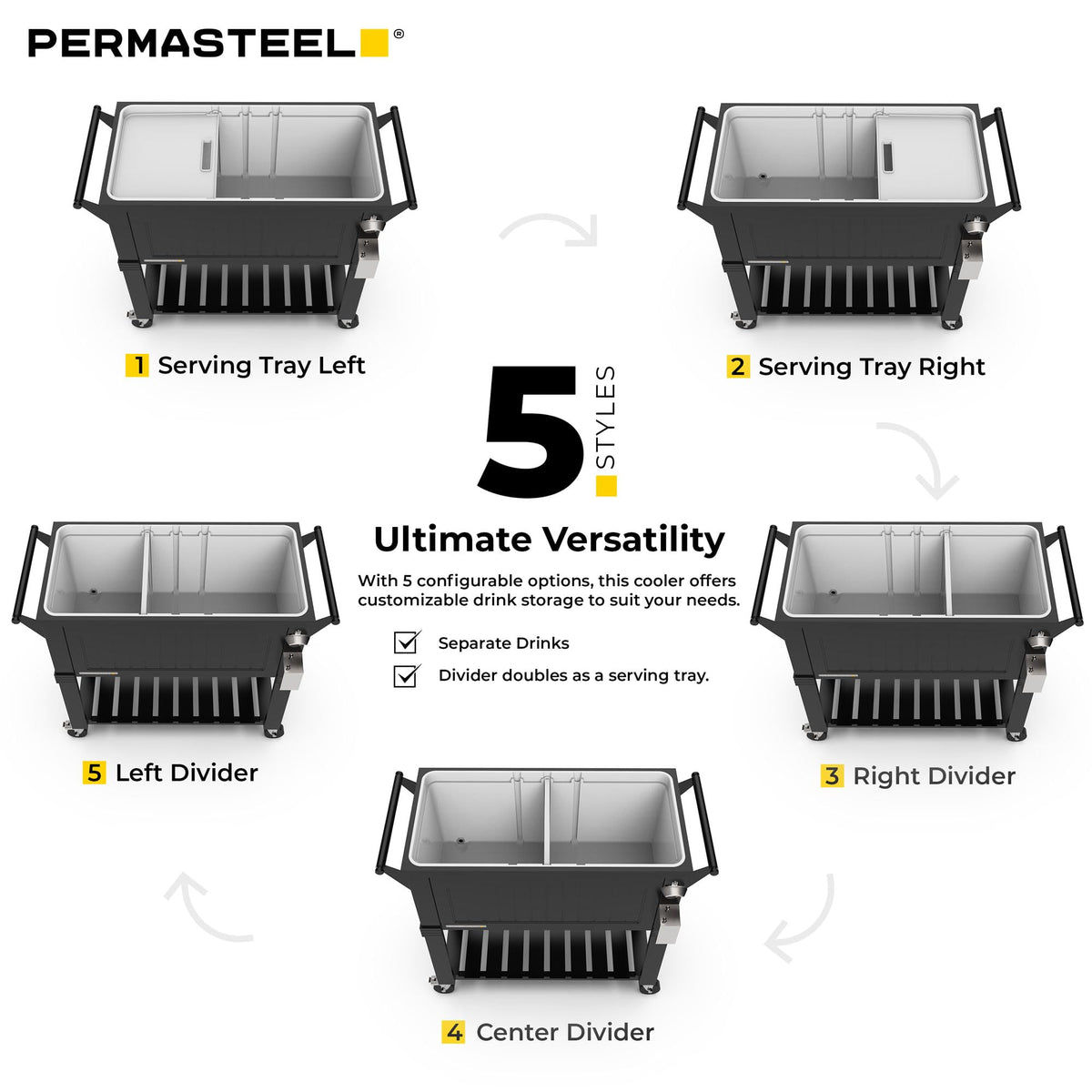 Permasteel Party Cooler with Divider, Spacious 80-Qt Capacity, Chills 36hrs, Serving Tray, Rolling Ice Chest for Indoor and Outdoor Entertainment, Matte Black