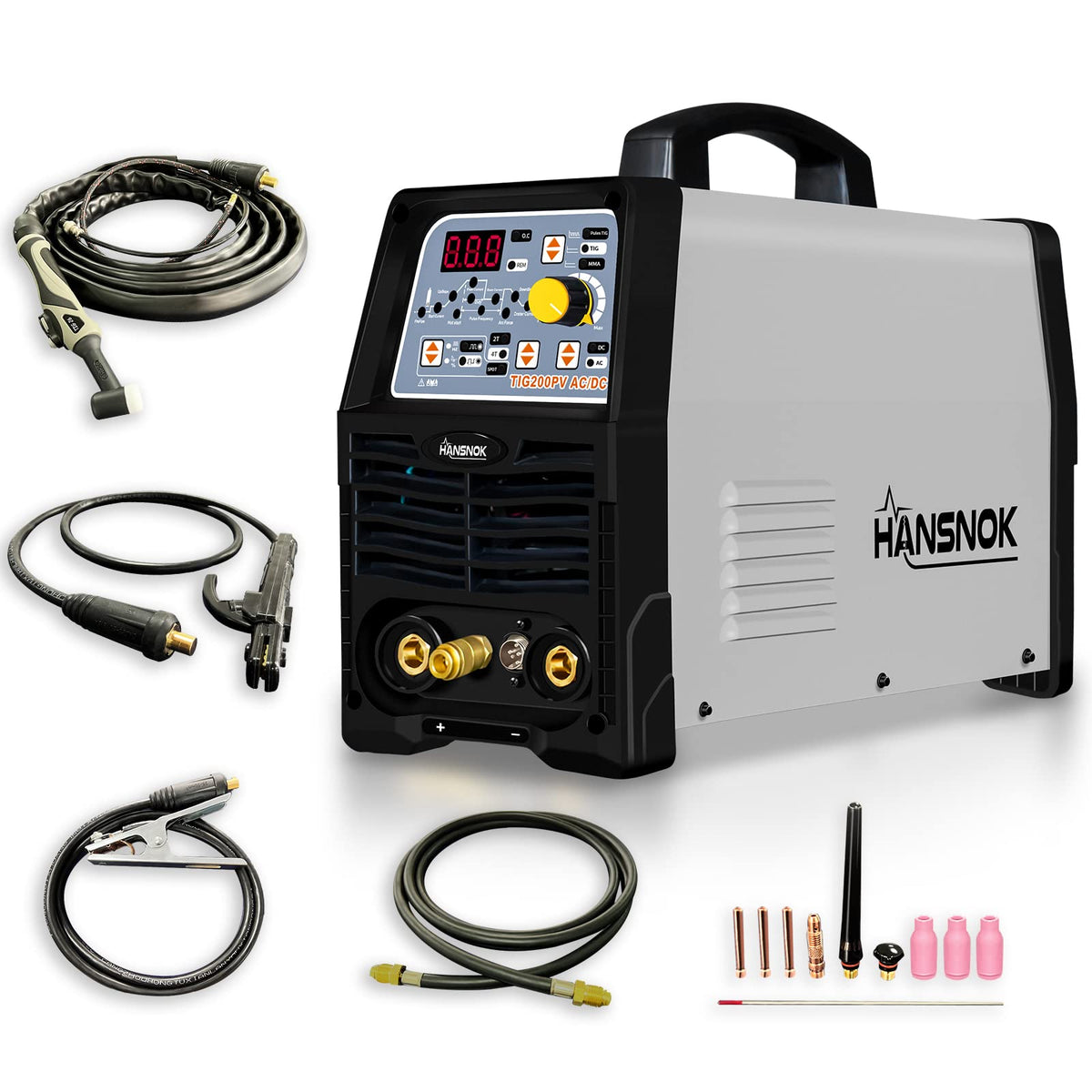 HANSNOKTECH TIG200PV TIG Welder, AC/DC 200Amp Digital LCD Display IGBT Pulse TIG/Stick Welder, Dual Voltage 220V/110V, Arc Welder, TIG Welding Machine with Torach Accessories (Tig200PV)