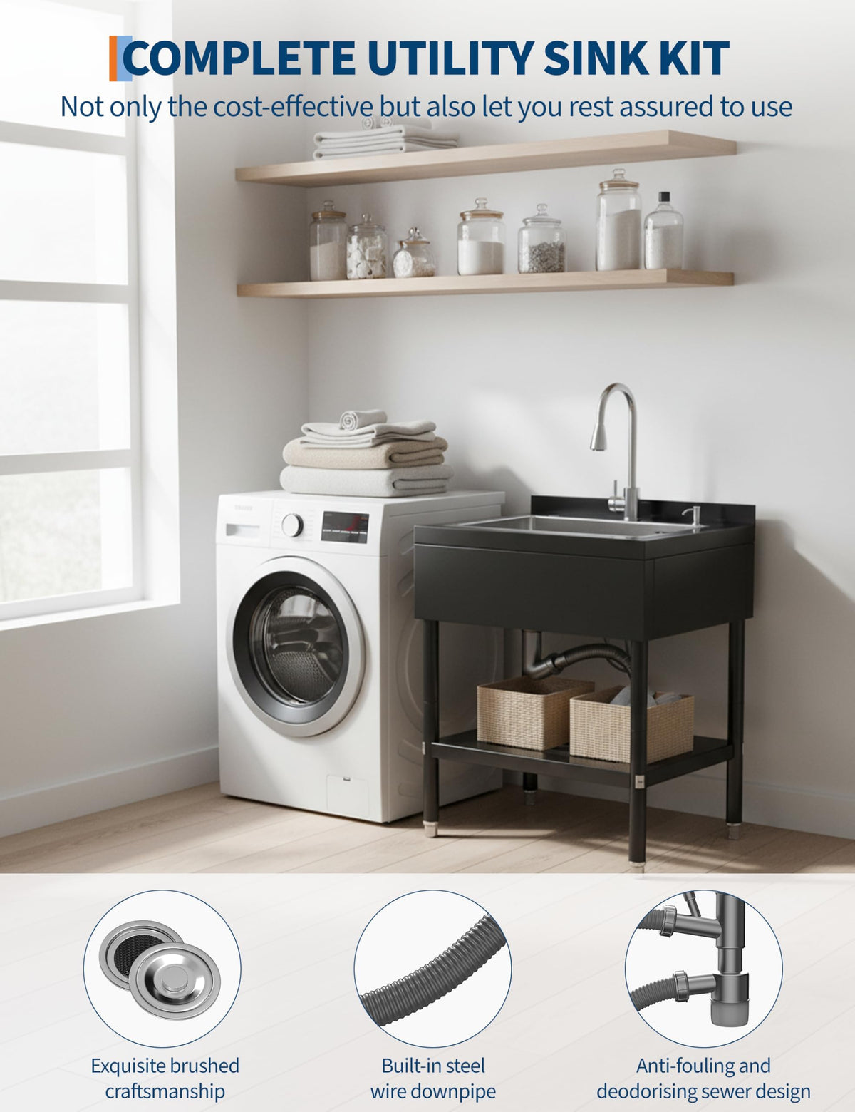 Stainless Steel Utility Sink, 31.1" × 22" × 37.8" Freestanding Laundry Tub for Kitchen, Bathroom, Garage, Basement | Includes Hot/Cold Plumbing, Hoses & Drain Kit