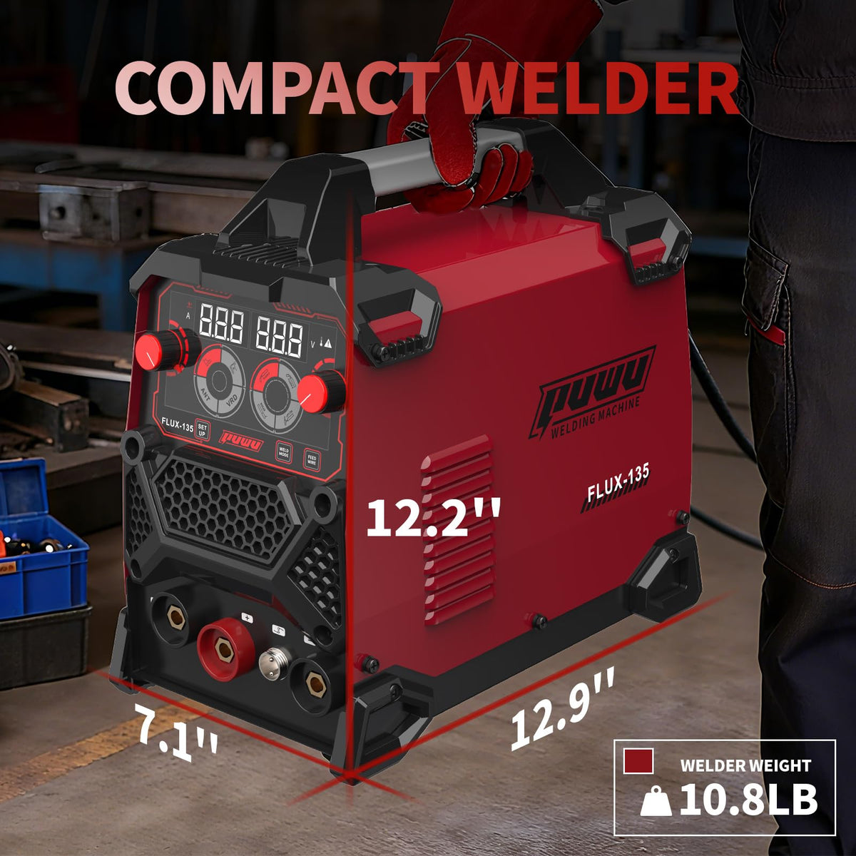 PUWU 135Amp 110V MIG Welder,Flux Core MIG/Lift TIG/Stick 3-in-1 Multiprocess Welder,IGBT Inverter Large LED Digital Display Welding Machine(RED)