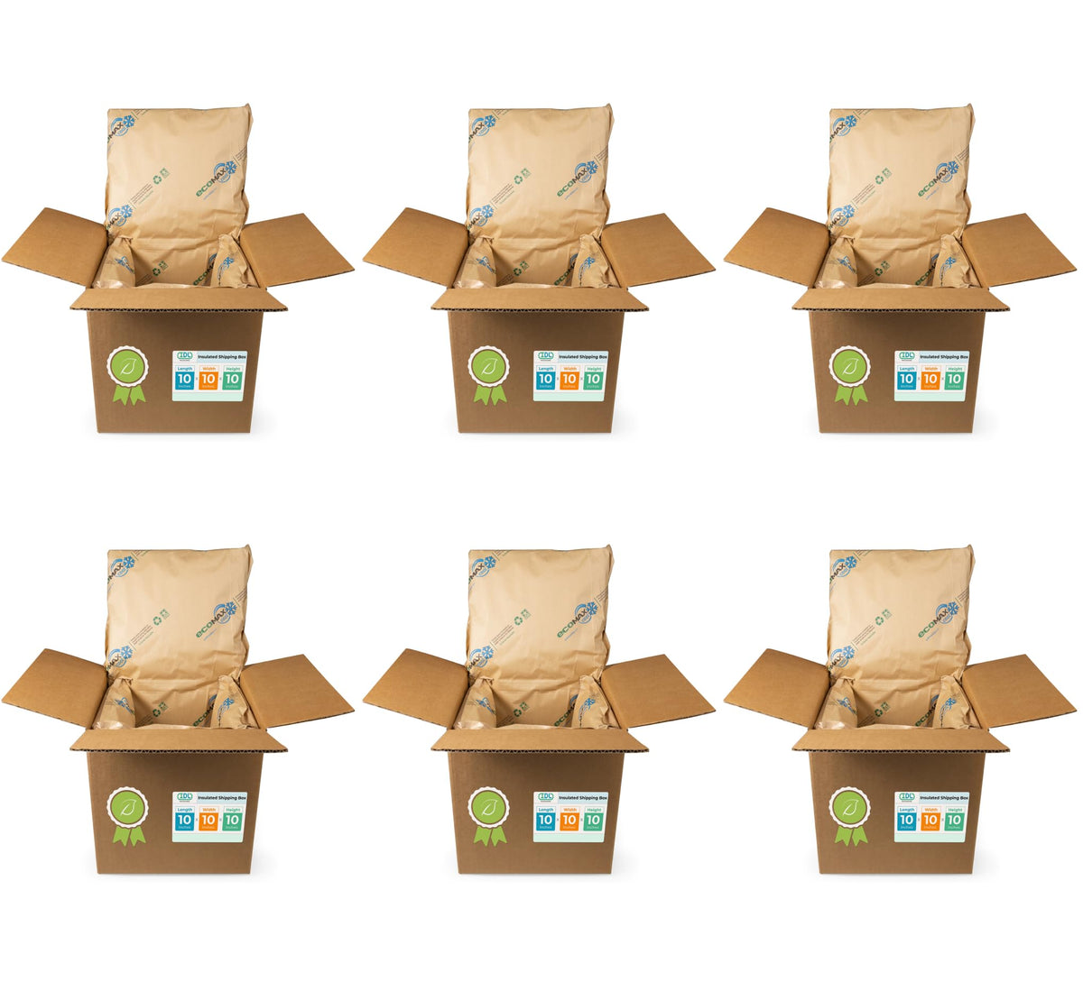 IDL Packaging 10" x 10" x 10" Insulated Shipping Box, 1.5-Gallon Capacity, Pack of 6 - Includes EcoMax™ Thermal-Paper Liners, Absorb Condensation - For Frozen Food, Meat, or Fish