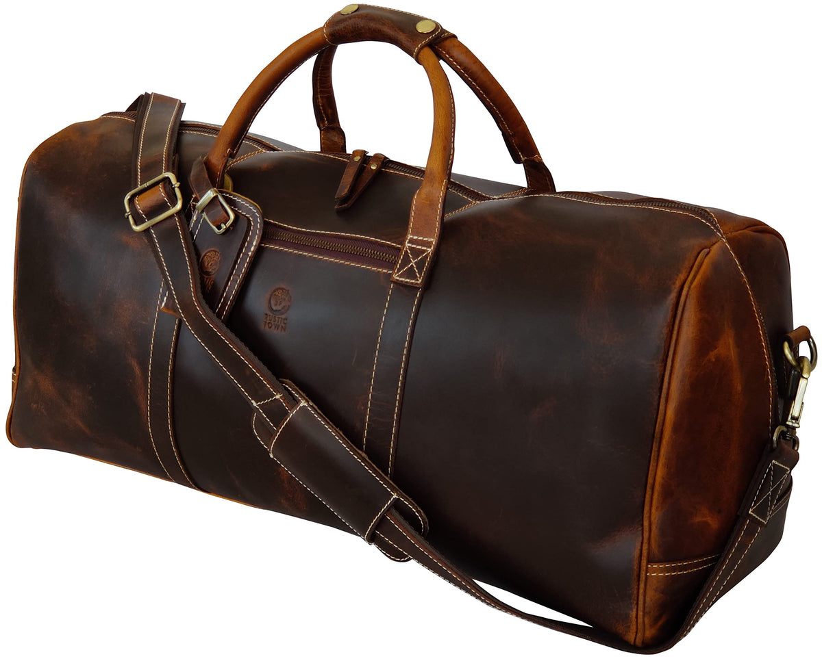 24" Leather Duffle Bag for Men and Women, Full Grain Leather Travel Overnight Weekender Sports Gym Carry On Duffel Bag by Rustic Town (Antique Brown)