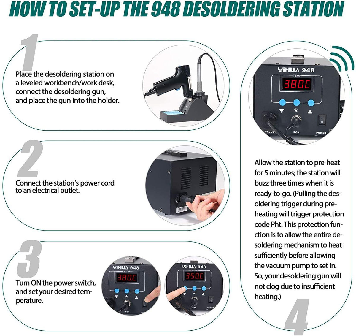 YIHUA 948 Upgraded 2 in 1 ESD Safe 80W Desoldering Station and 60W Soldering Iron- Desoldering Gun and Soldering Station °F /°C