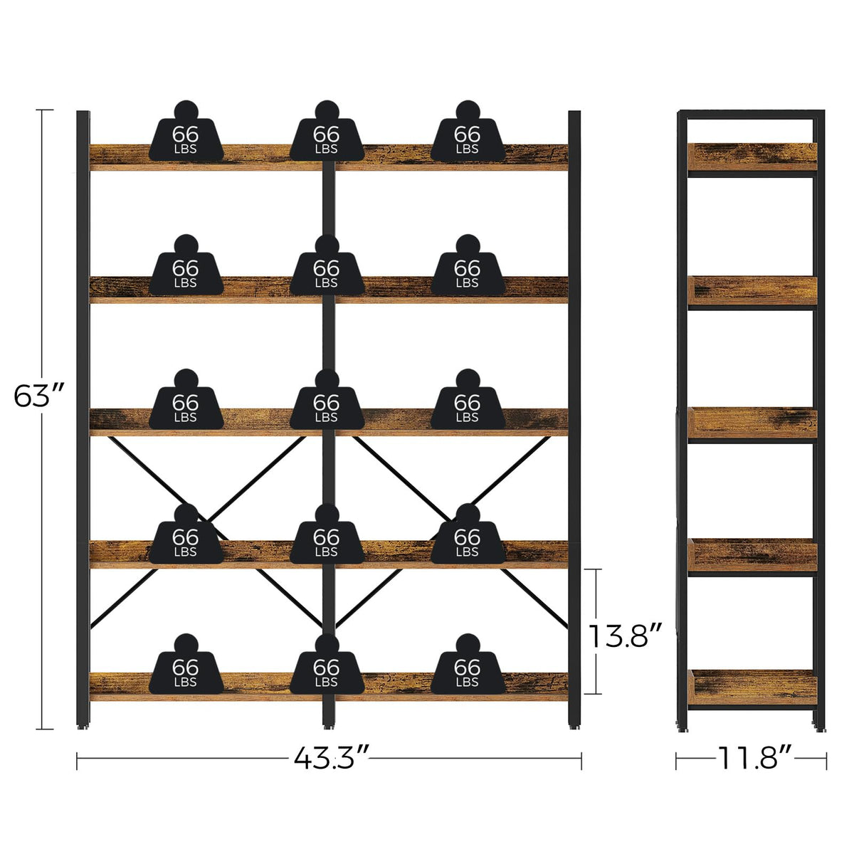 Seventable Bookshelf 5 Tier with 4 Hooks, 63” Industrial Wooden Bookcase, Vintage Storage Rack with Open Shelves, Rustic Standing Bookshelves Metal Frame 43.3” Wide Display Rack, Rustic Brown