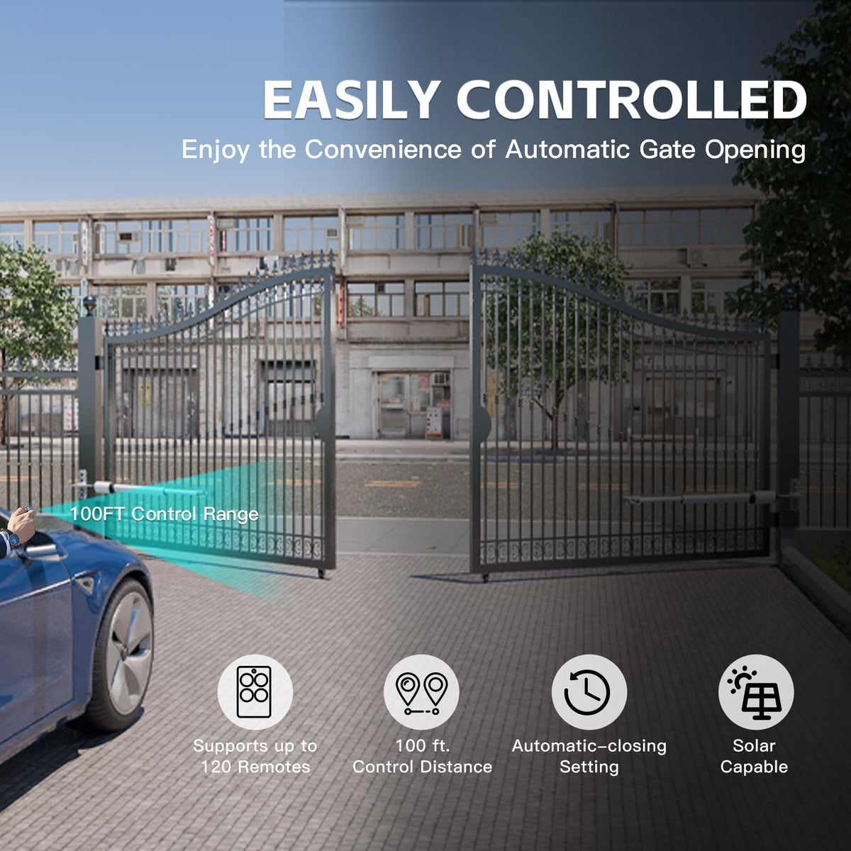 X X-HOUSE C05 Automatic Gate Opener with Solar Panel & Batteries for Light to Medium Duty Dual Swing Gates Up to 770lb per Arm Electric Gate Opener with 2 Remotes Complete Kit Solar Powered