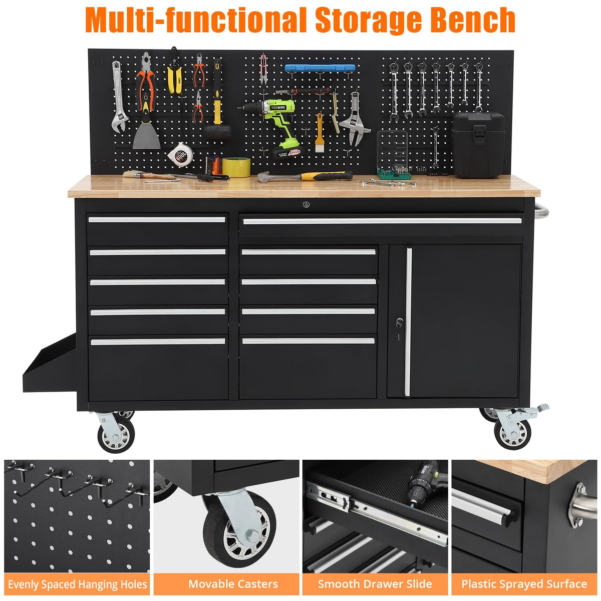 ActiveTrail 61" Tool Cabinet with Wheels, 10 Drawers Rolling Tool Chest, Heavy Duty Storage Workbench with Power Strip, Solid Rubber Wood Top, 1675 LBS Capacity, Mobile Tool Box for Garage, Shop