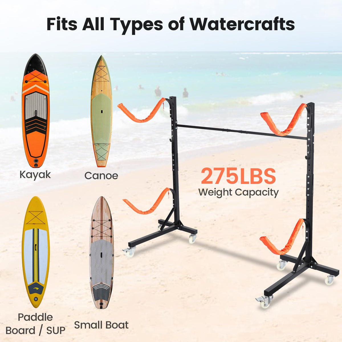 Neorexon Freestanding Kayak Storage Rack, Adjustable Kayak Racks Outdoor with 4 Lockable Wheels, Kayak Stands Heavy Duty Storage for Kayaks, Canoes, SUP and Surfboards - 2 Kayaks