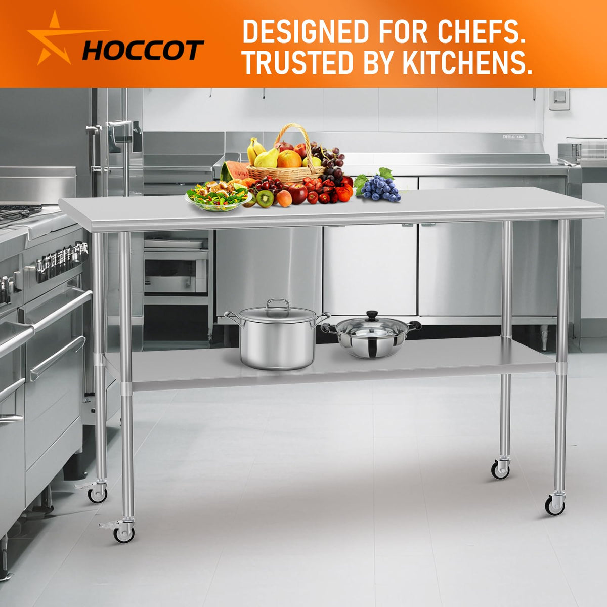 HOCCOT Stainless Steel Table with Wheels 24" x 60" Utility Worktable with Adjustable Undershelf for Commercial Kitchen, Garage, Restaurant