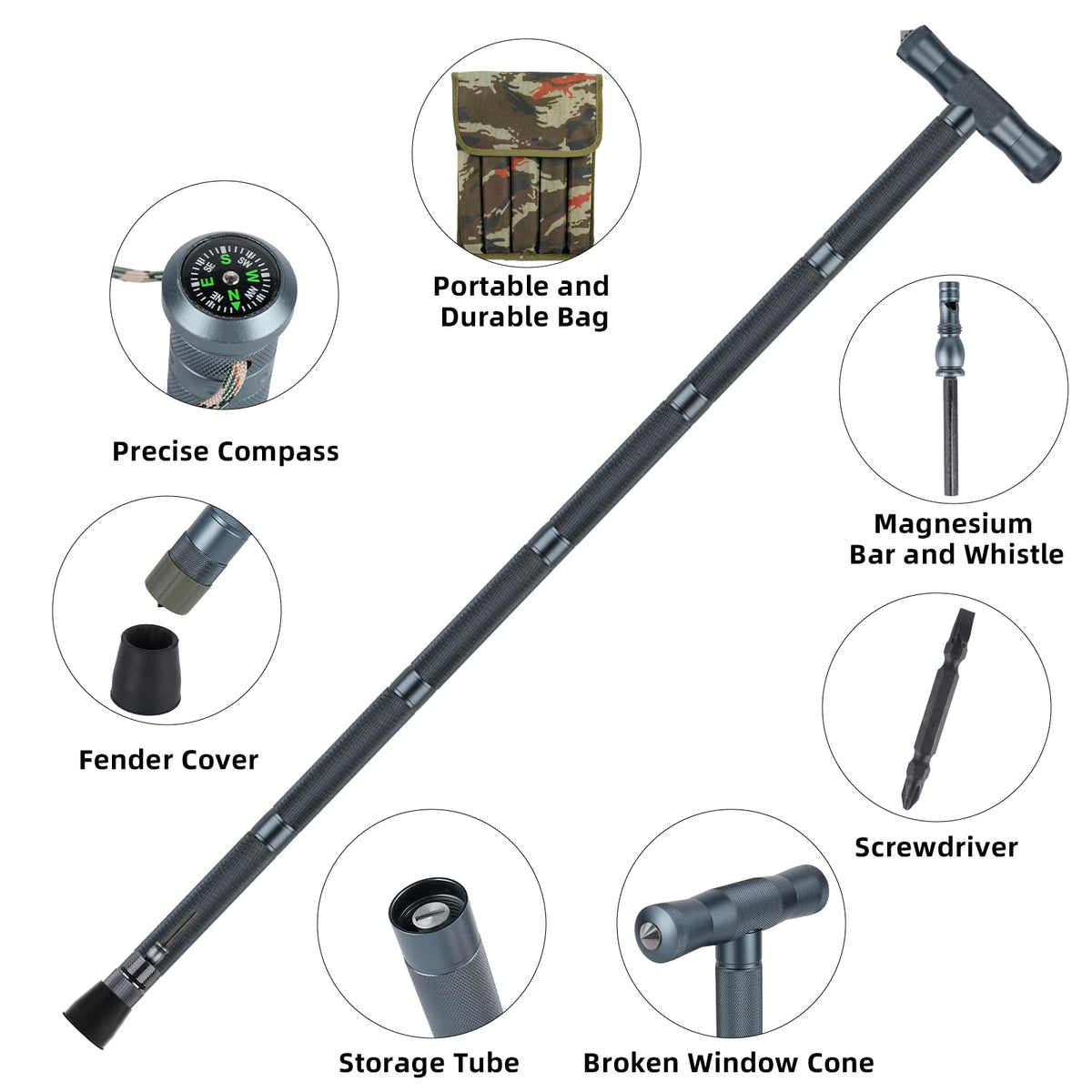 aiGear H3 Survival Walking Stick – Upgraded Hiking Staff with Straight & T-Style Grips, Multitool with Fire Starter, Compass, Whistle – Adjustable Trekking Pole for Camping & Self Defense