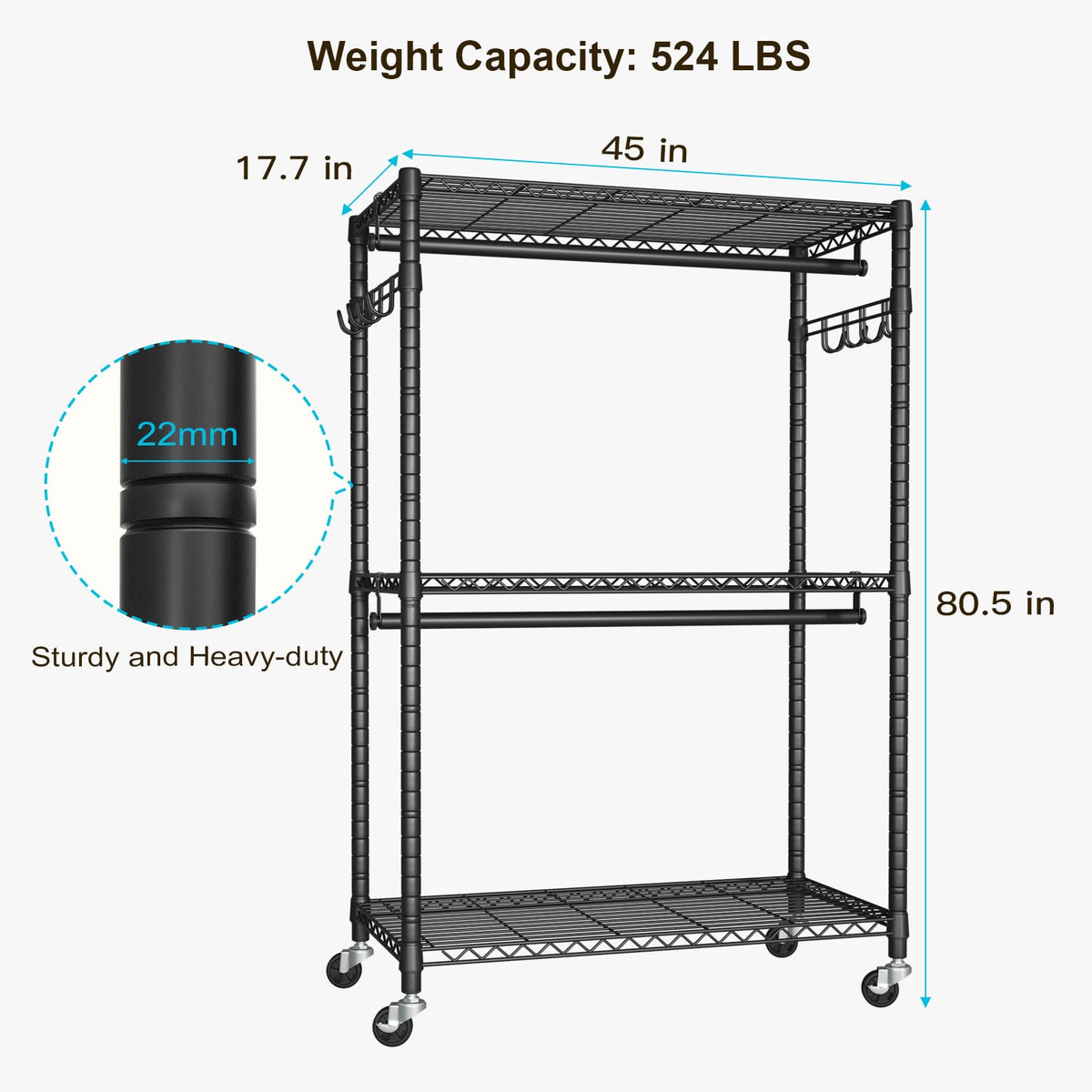FUTASSI P1 Plus Rolling Clothes Rack, 22mm Diameter Heavy Duty Garment Rack with Wheels, Portable Closet Wardrobe with Double Rods, 45" W x 17.7" D x 80.5" H, Max Load 524 LBS, Black