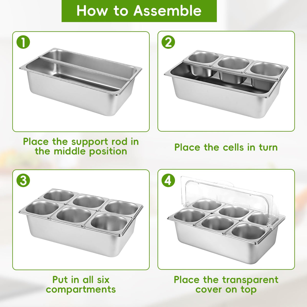 Countertop Food Serving Display Container with Clear Roll Top Cover, Stainless Steel Buffet Food Serving Tray, Condiment Serving Container Dispenser for Restaurant Kitchen Party(6 Compartments)