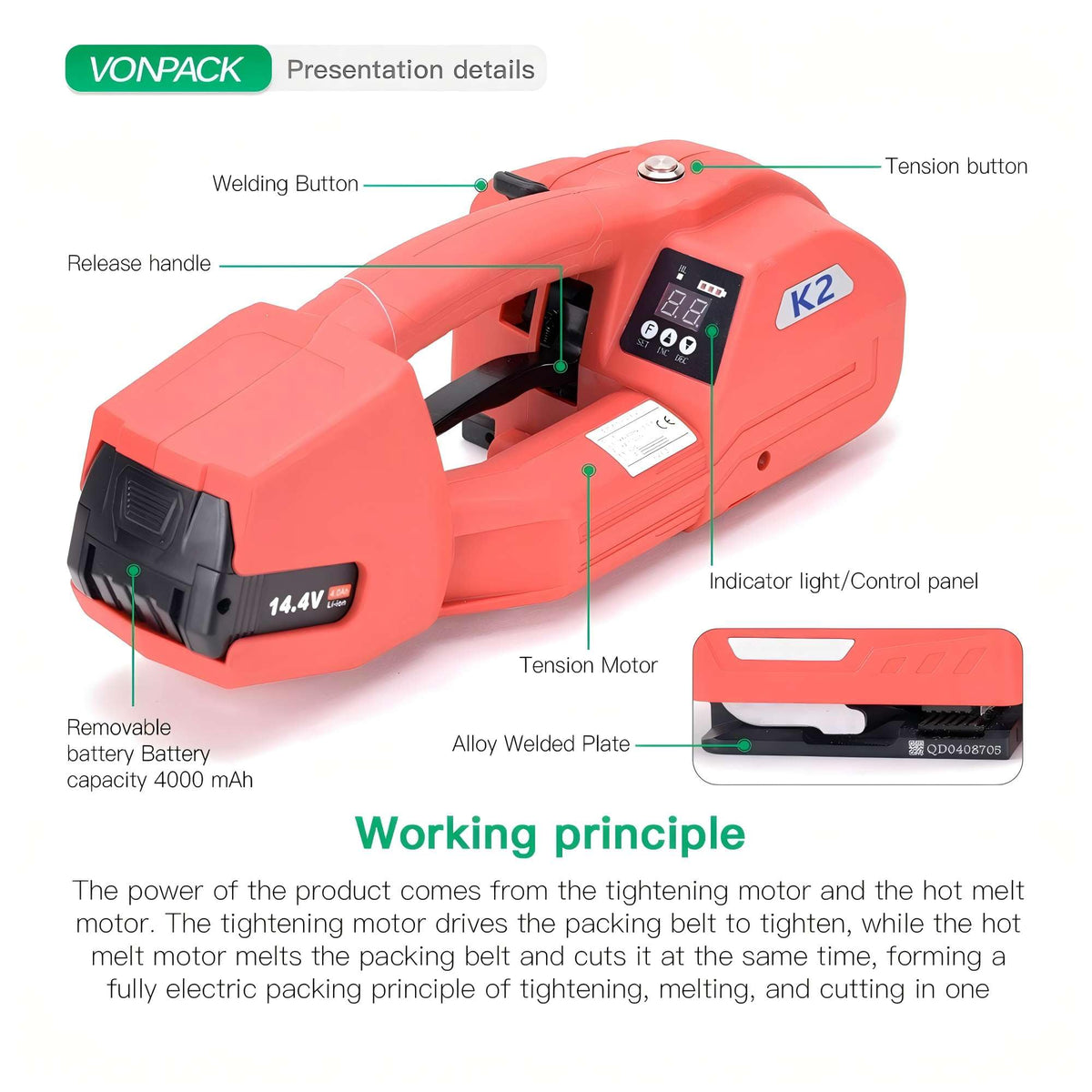 VONPACK Electric Strapping Machine with Digital Display Screen, Strapping Tool for Width 1/2-2/3 inch 1X4000mAh Battery Handheld Banding Tool for PP PET Packaging Machine for Carton Pallet Wood