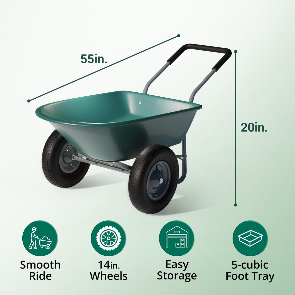 Idzo 2-Wheel Heavy-Duty Wheelbarrow Cart, 330 lb Capacity, Ergonomic Padded Handle and 14 Inch Pneumatic Tires for Maximum Stability, Ideal Wagon for Moving Soil, Shrubs, Plants, Easy Assembly