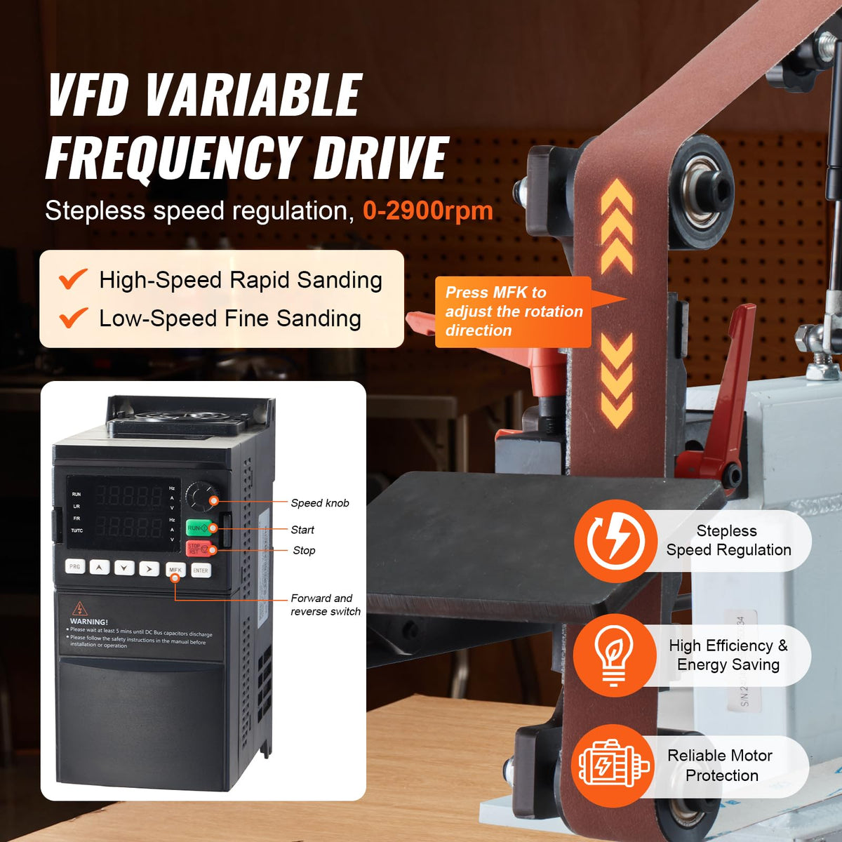 VEVOR Belt Grinder Sander, 72 x 2-Inch Variable Speed Belt Polisher with VFD, 1500W 2HP Polishing Grinding Machine with 3 Grinding Moulds & 3PCS Sanding Belts for Metalworking, Knife Making