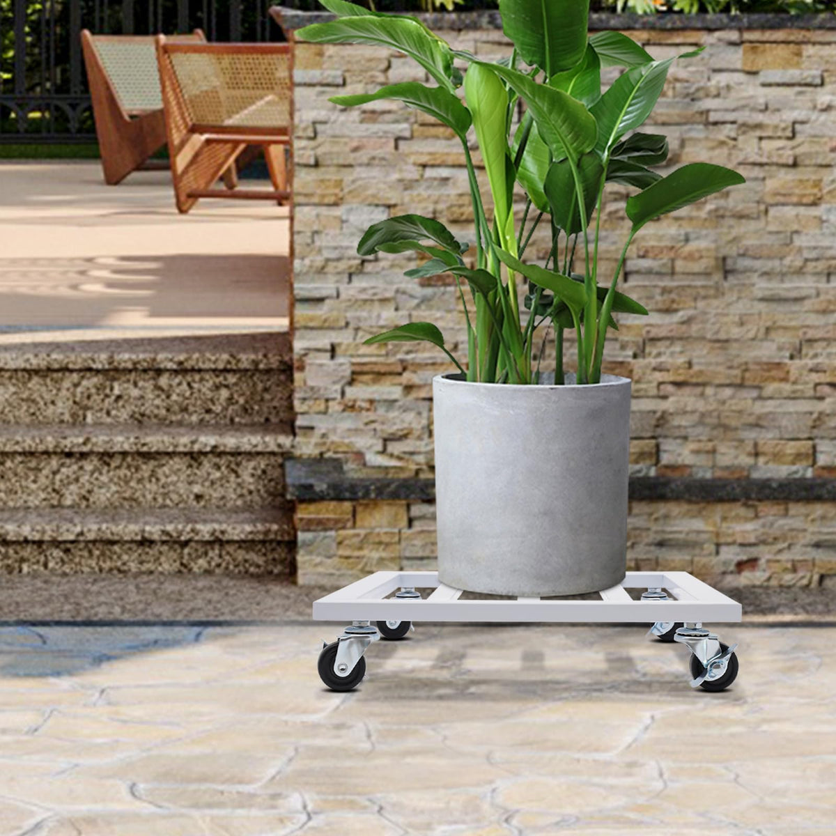 Plant Caddy with Wheels Plant Caddy with Lockable Caster Metal Square Planter Dolly Holds up 150 Lbs Strong Plant Stand for Indoor, Outdoor (White (14 inch))
