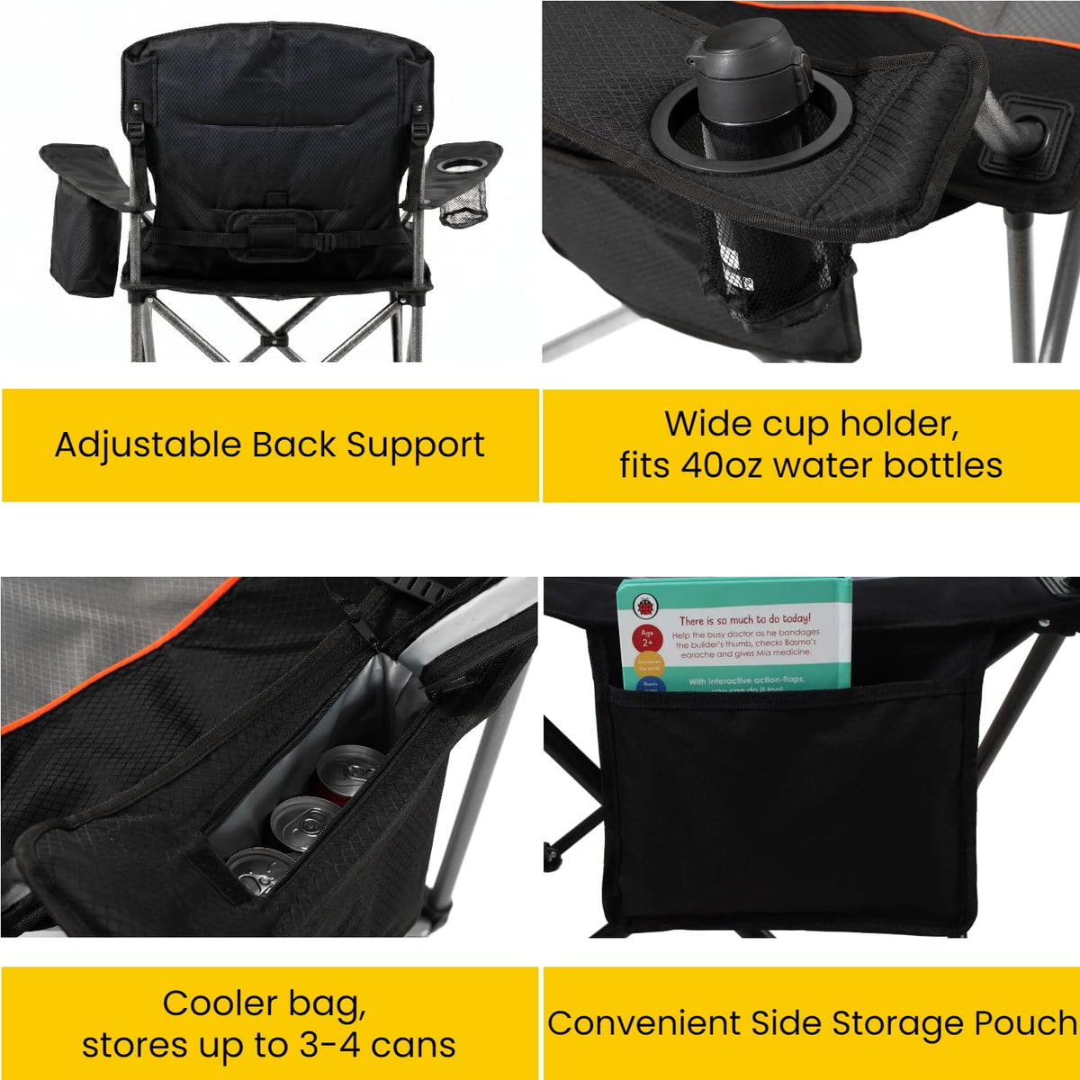 FAIR WIND 2 Pack Fully Padded Oversized Camping Chair Heavy Duty Lawn Chair Set with Adjustable Lumbar Support, Cooler Bag & Cup Holder for Camp, Outdoor,Sports - Support 500LBS